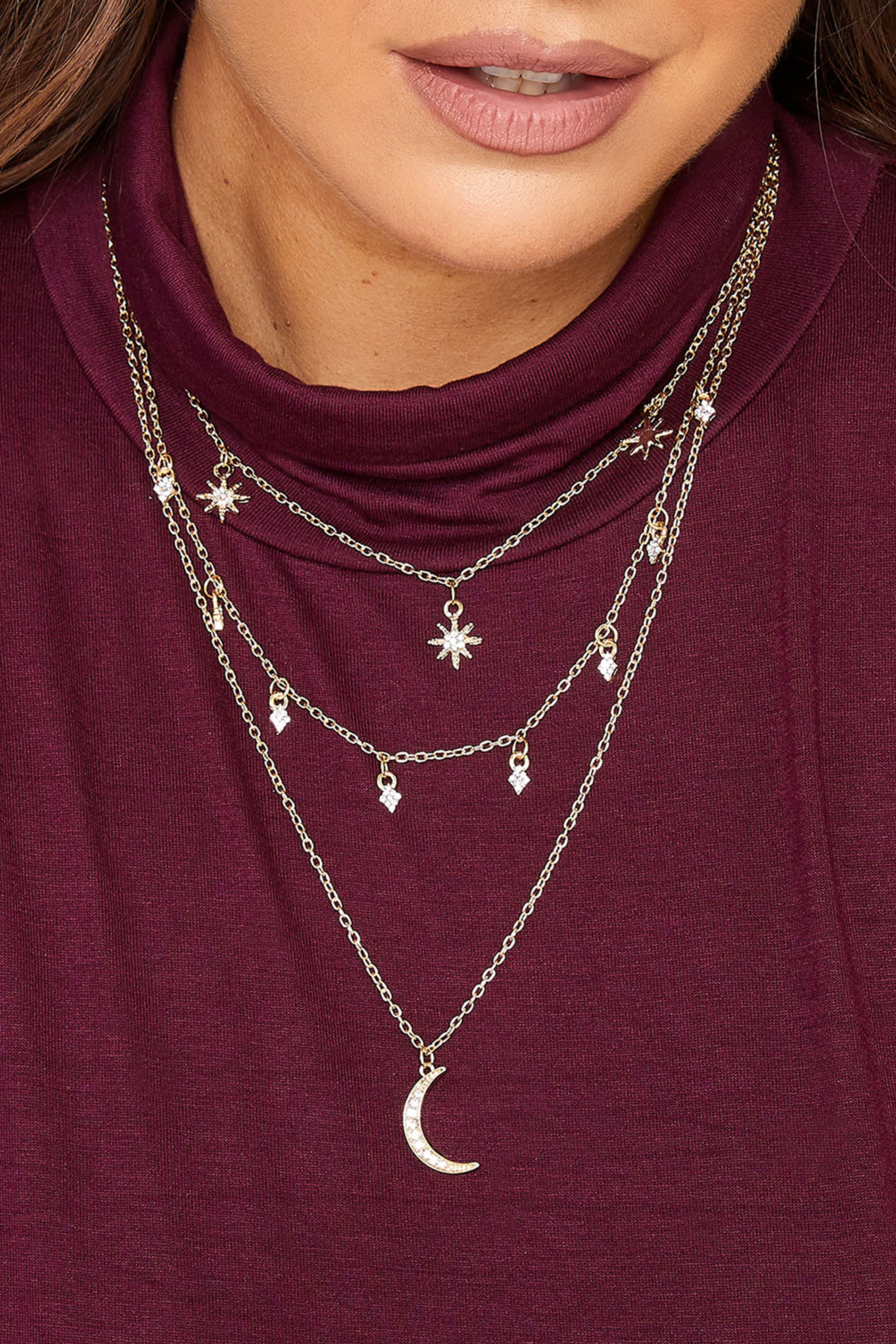 Gold Tone Sun & Moon Triple Chain Necklace | Yours Clothing 1