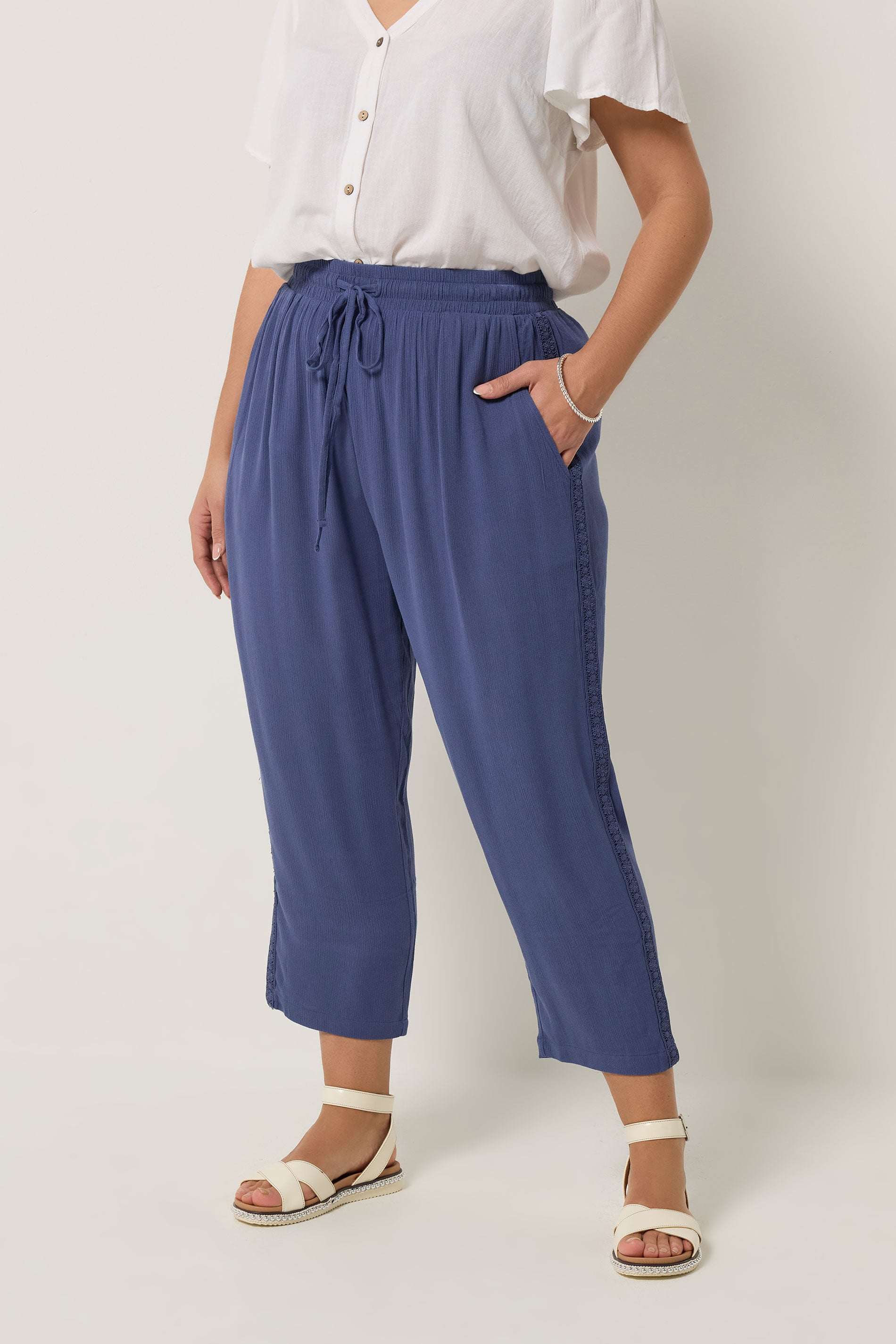 YOURS Plus Size Blue Crochet Side Crop Trousers | Yours Clothing 3