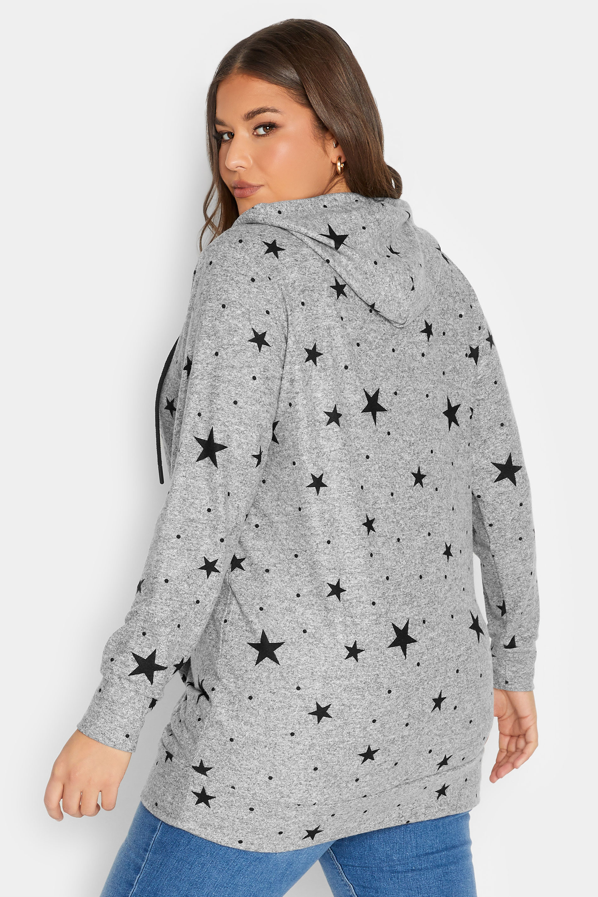 Plus Size Grey Marl Star Print Zip Hoodie | Yours Clothing 3
