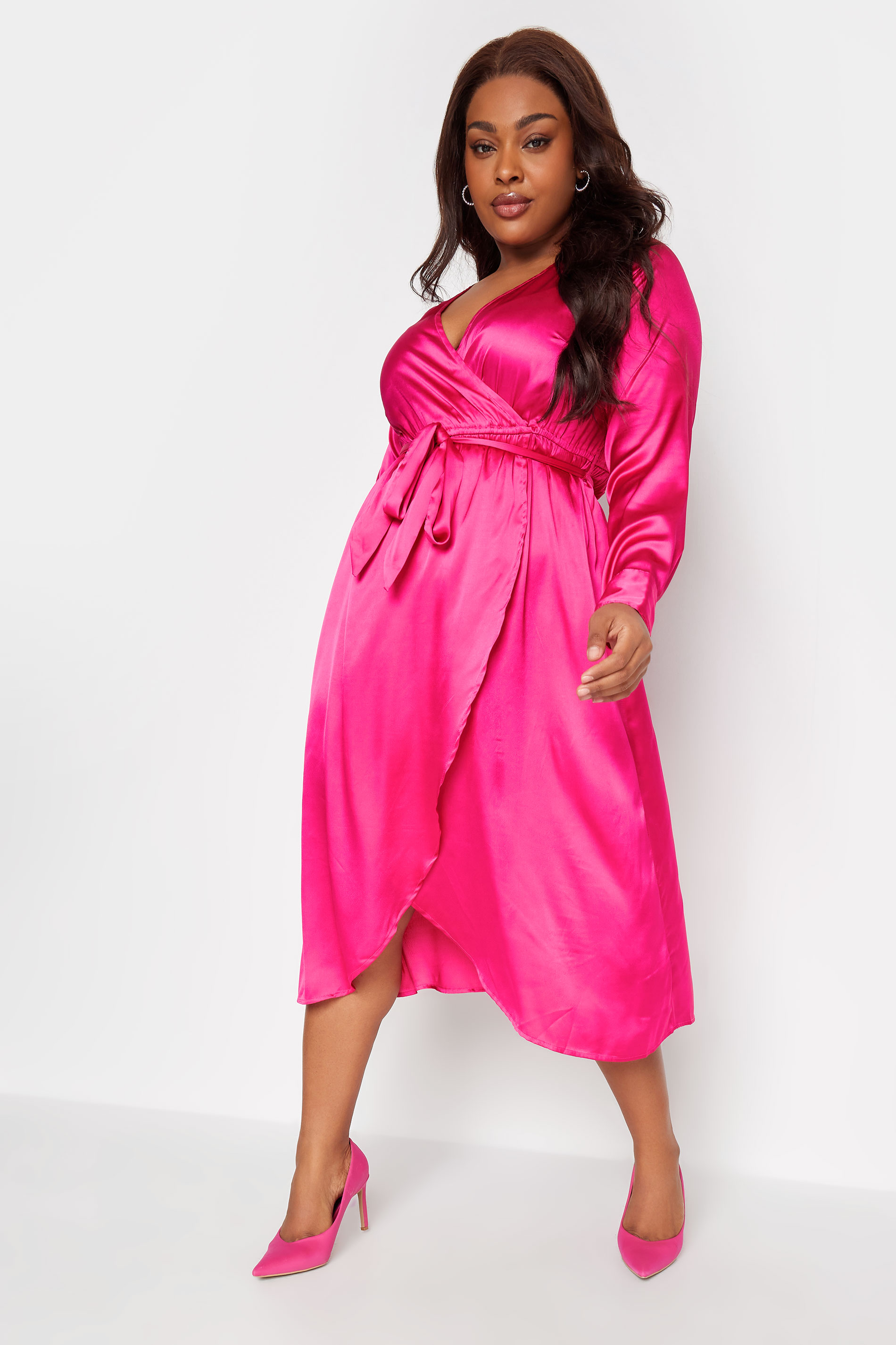 LIMITED COLLECTION Plus Size Pink Satin Wrap Dress | Yours Clothing 1