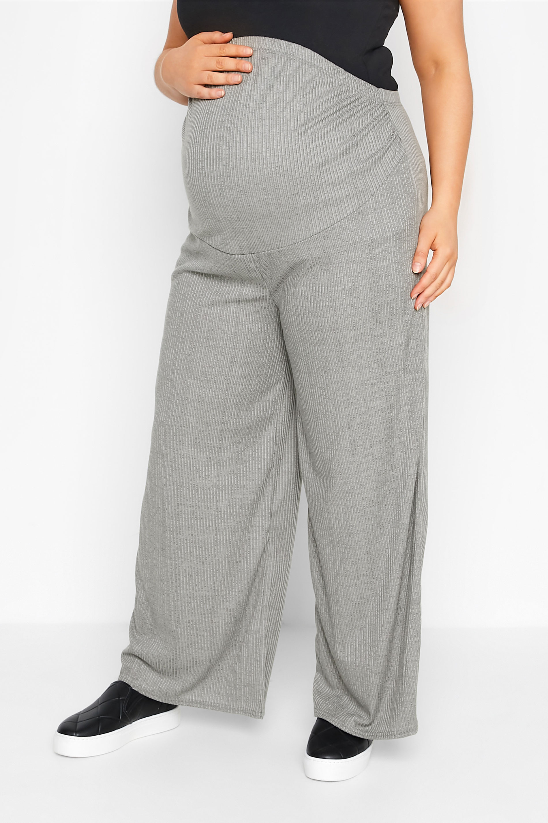 BUMP IT UP MATERNITY Plus Size Grey Ribbed Stretch Wide Leg Trousers | Yours Clothing 1