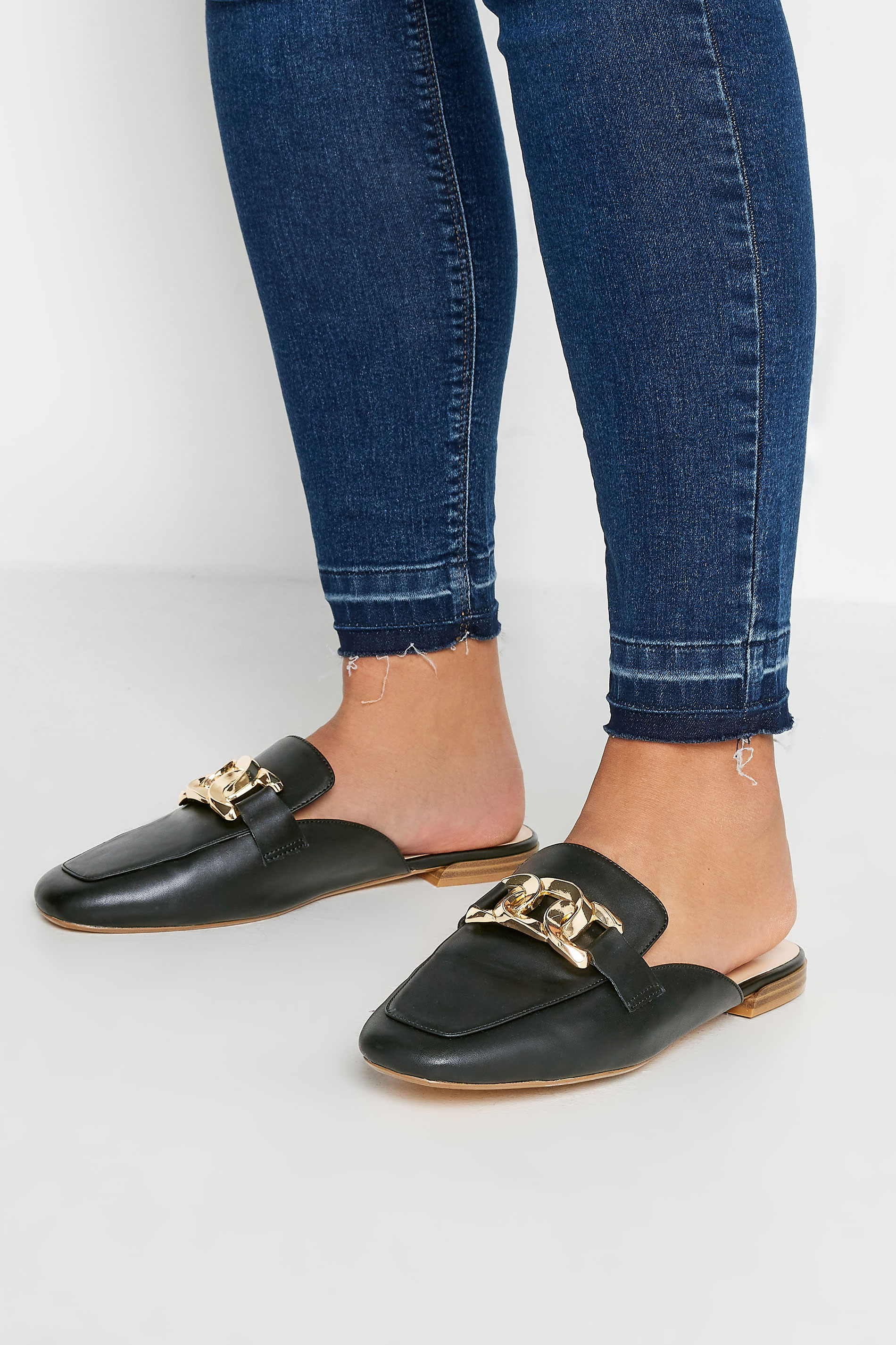 Black Chain Detail Mule Loafers In Extra Wide EEE Fit | Yours Clothing 1