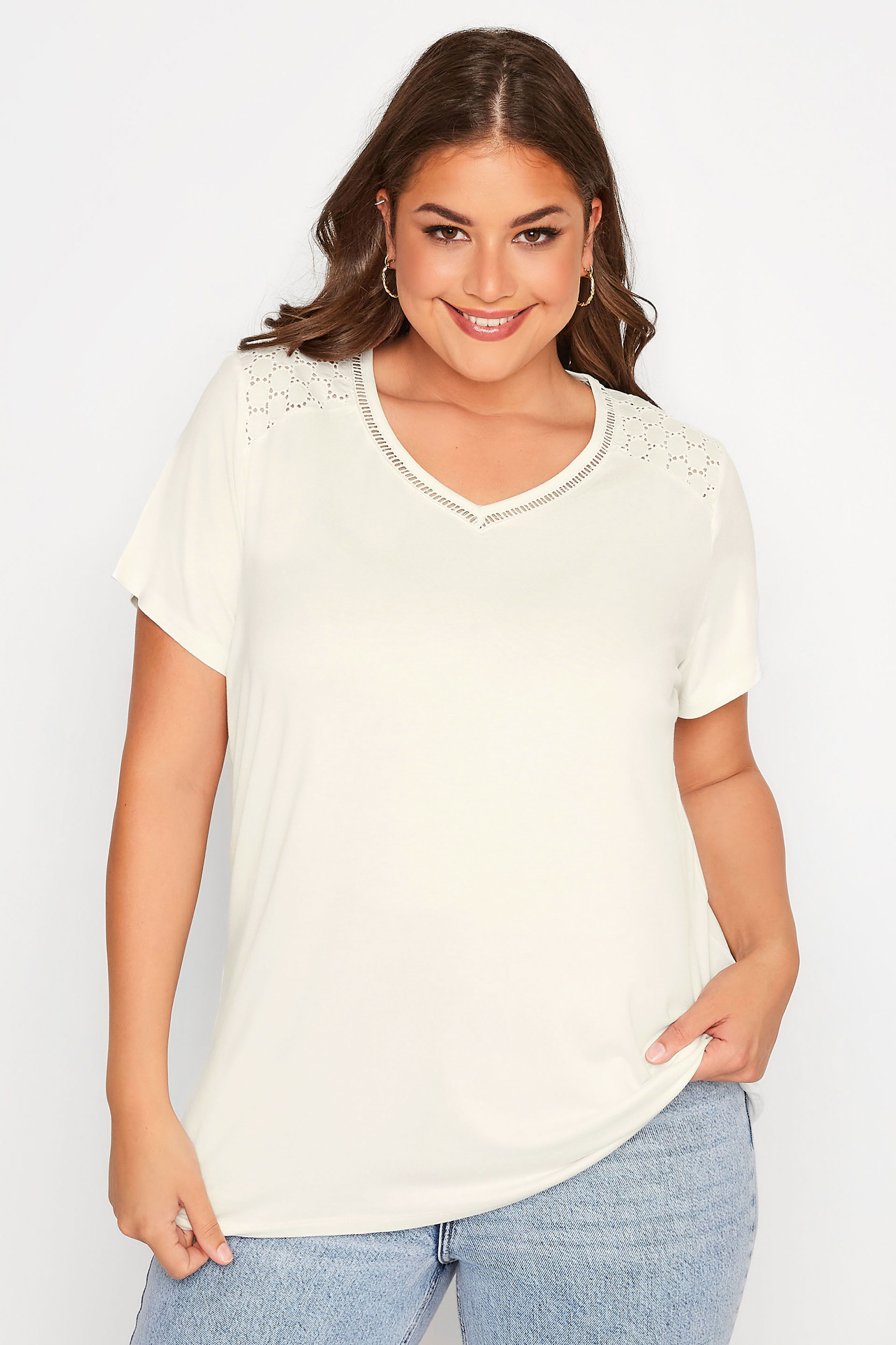 Plus Size White Embroidered Shoulder Detail T-Shirt | Yours Clothing 1