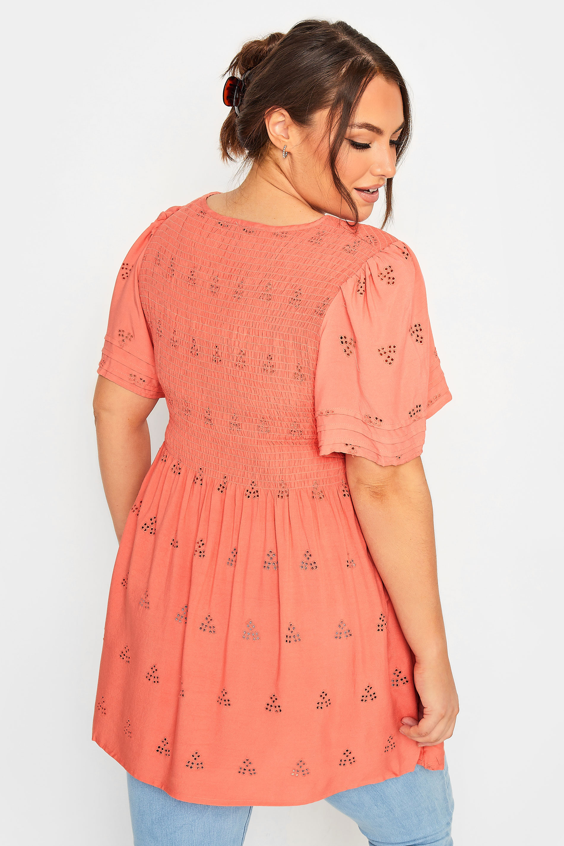LIMITED COLLECTION Plus Size Coral Pink Embroidered Shirred Top | Yours Clothing 3
