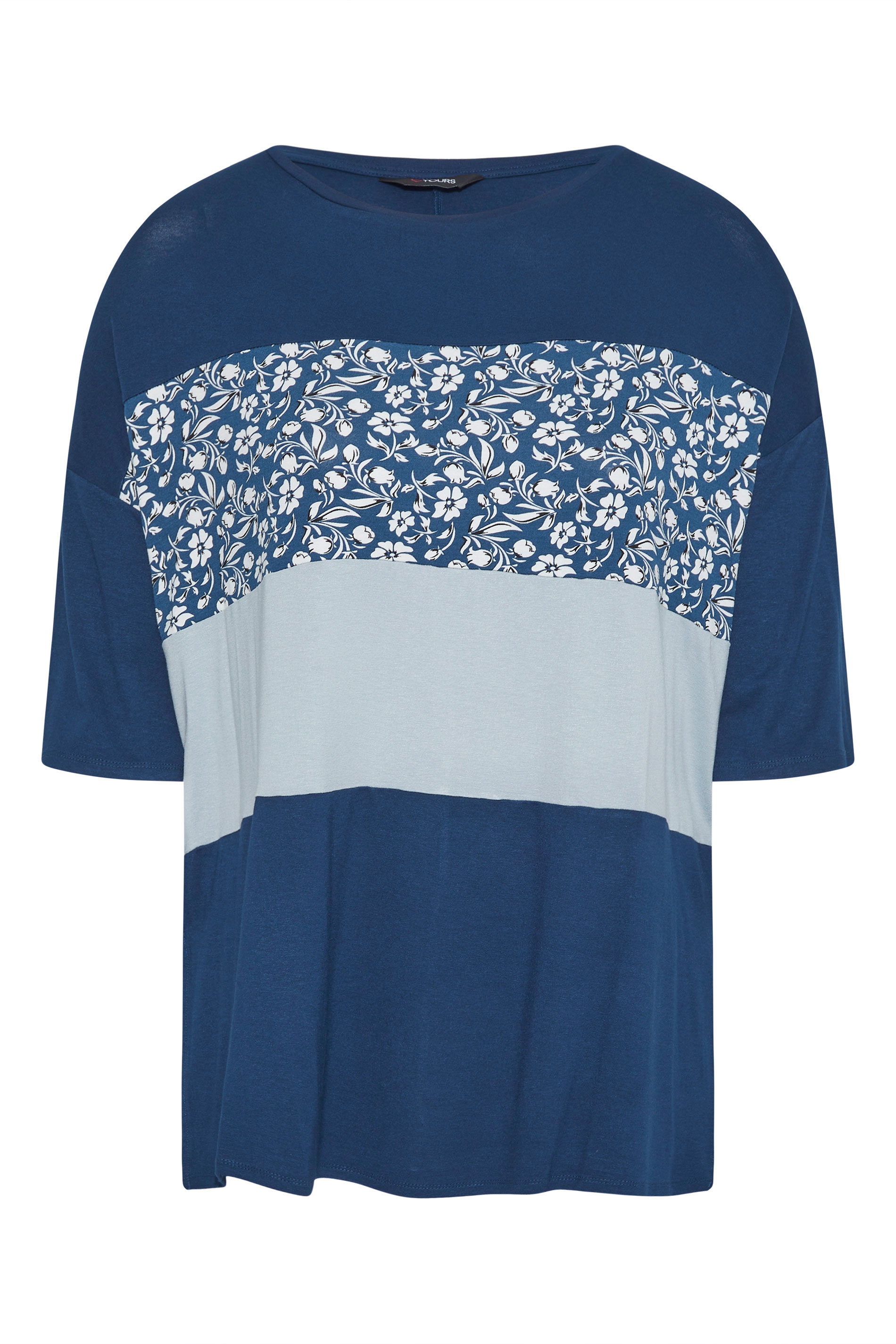 Grande taille  Tops Grande taille  Tops Casual | T-Shirt Bleu Imprimé Floral Block de Couleur - RV82820