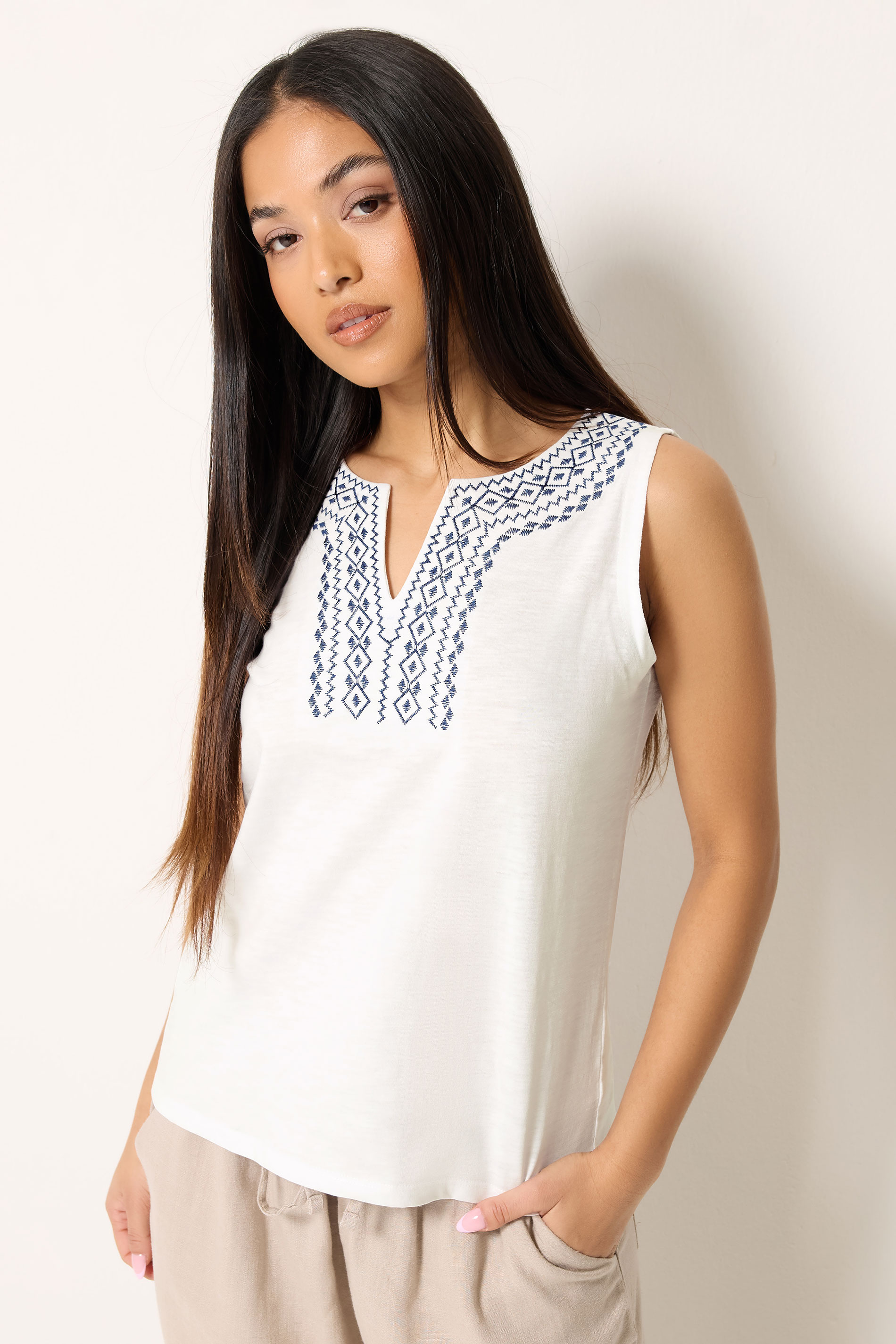 M&Co Petite White & Navy Embroidered Cotton Vest Top | M&Co  3