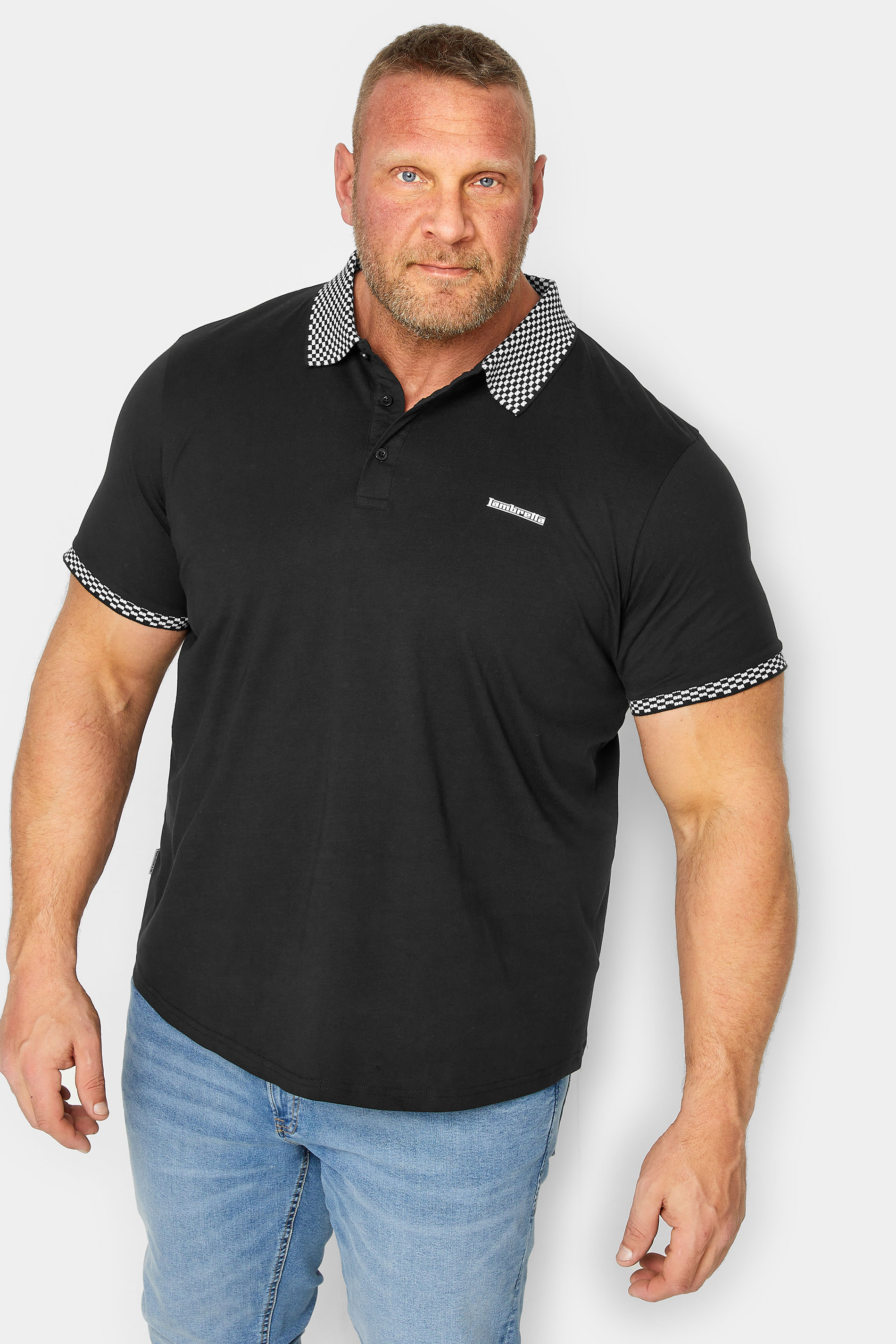 LAMBRETTA Big & Tall Black Check Collar Polo Shirt | BadRhino  1