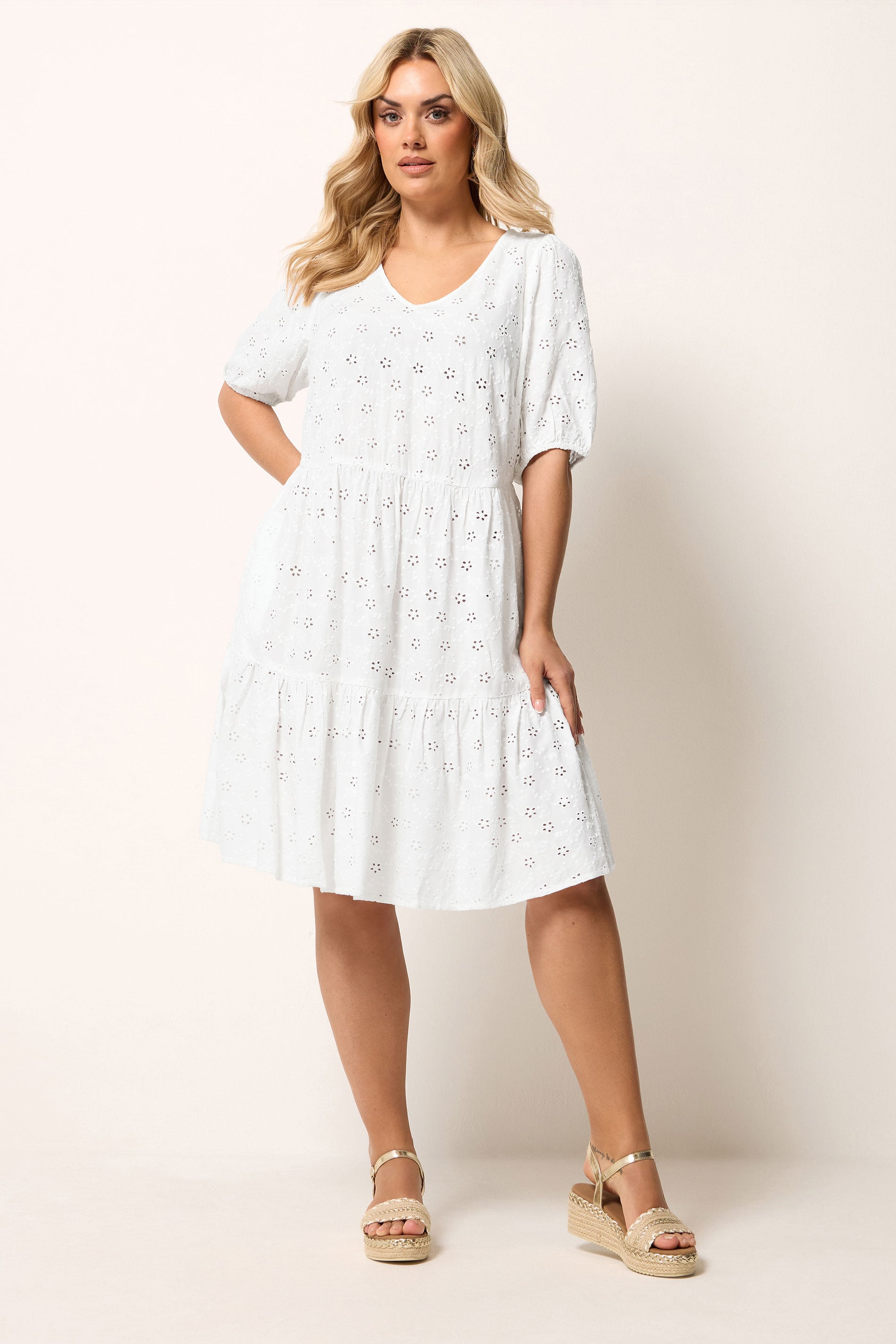 YOURS Plus Size White Broderie Anglaise Tiered Dress | Yours Clothing 1