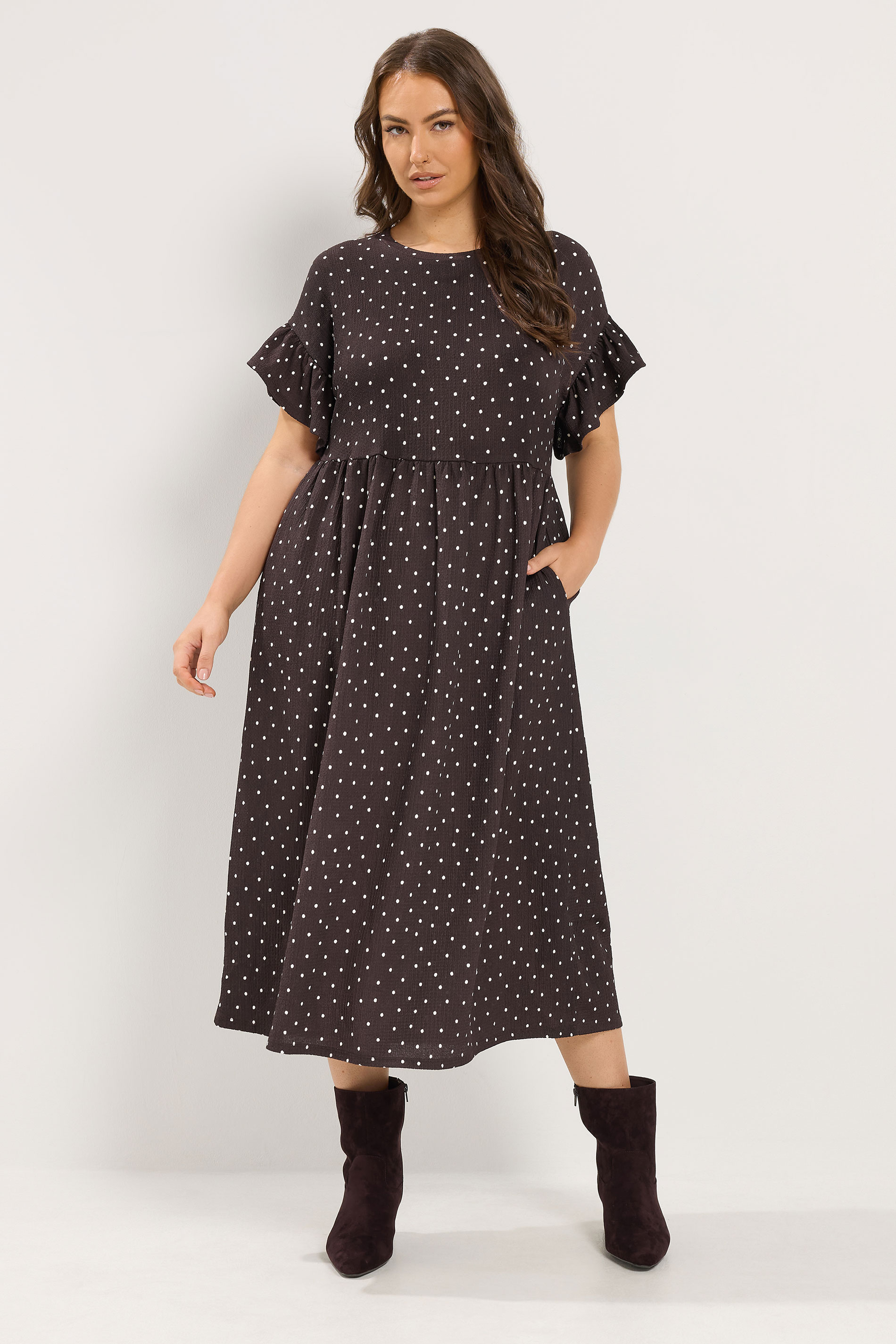 YOURS Plus Size Chocolate Brown Polka Dot Frill Sleeve Midi Dress | Yours Clothing 1