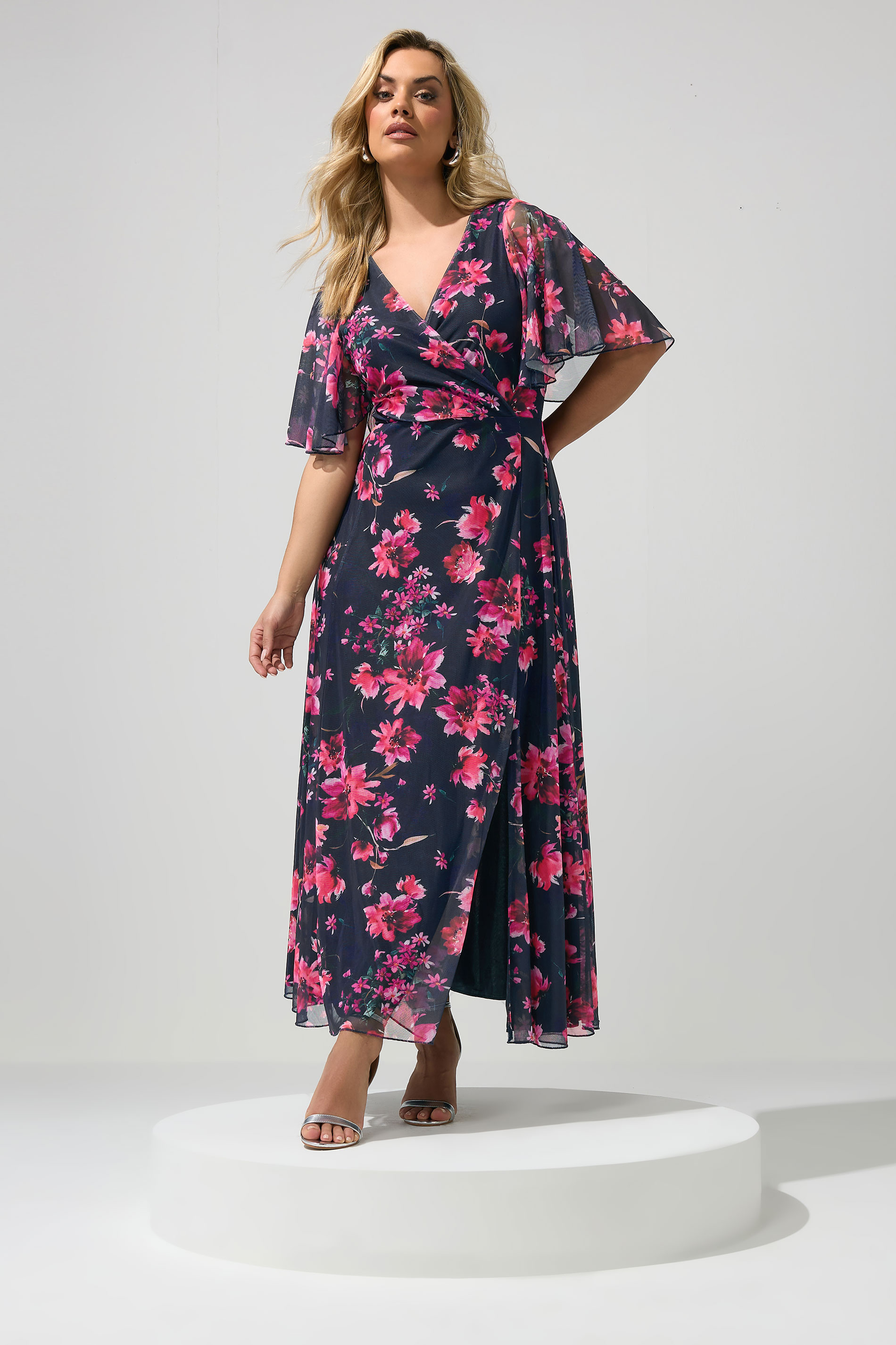 YOURS LONDON Plus Size Navy Blue Floral Angel Sleeve Maxi Dress | Yours Clothing 3