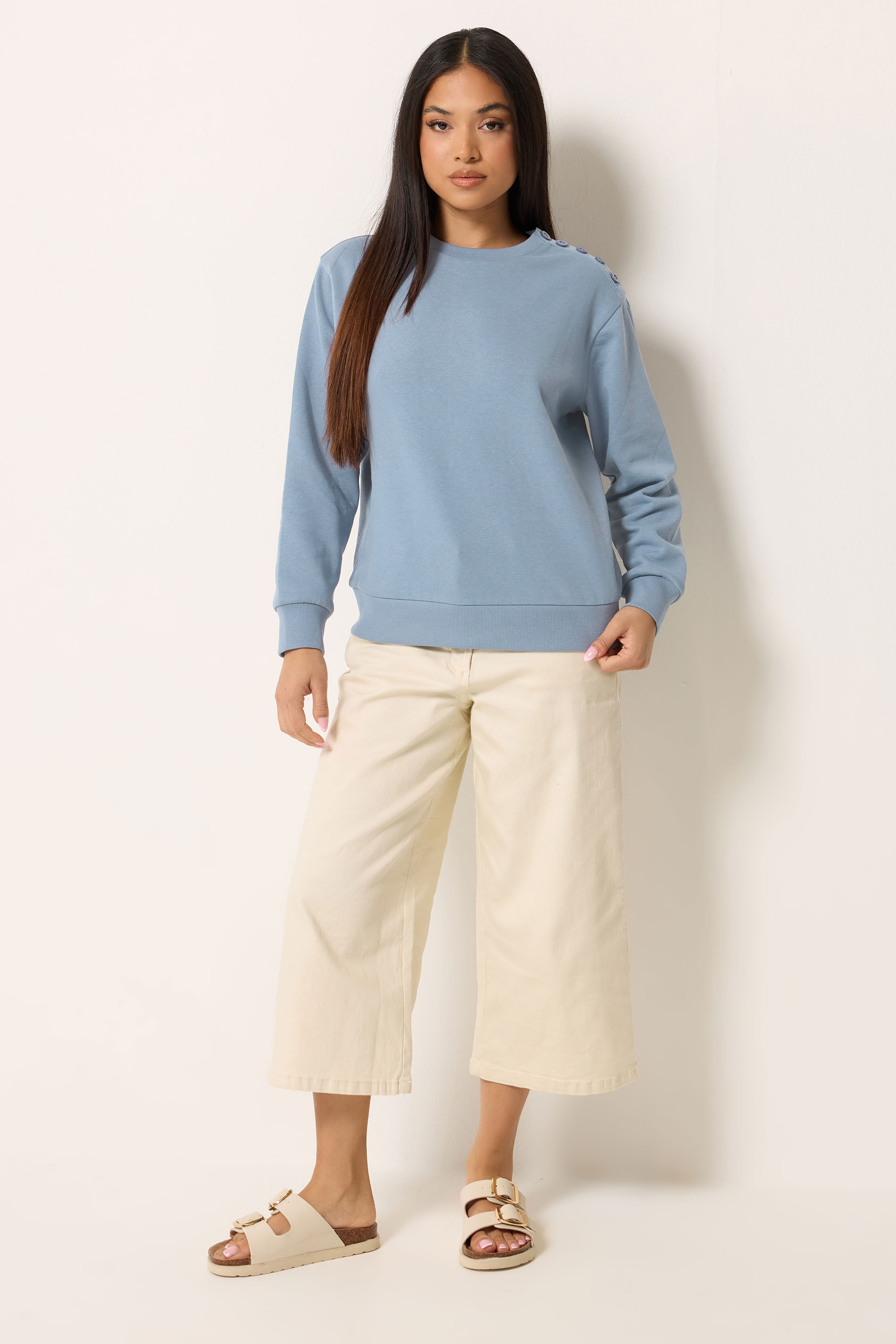 M&Co Petite Light Blue Button Detail Sweatshirt | M&Co 1