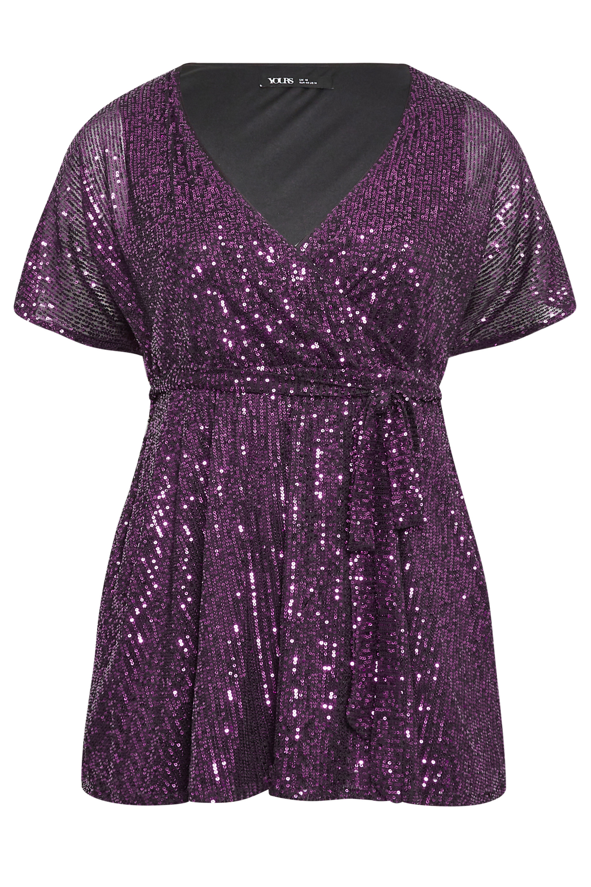 YOURS LONDON Plus Size Purple Sequin Short Sleeve Wrap Top