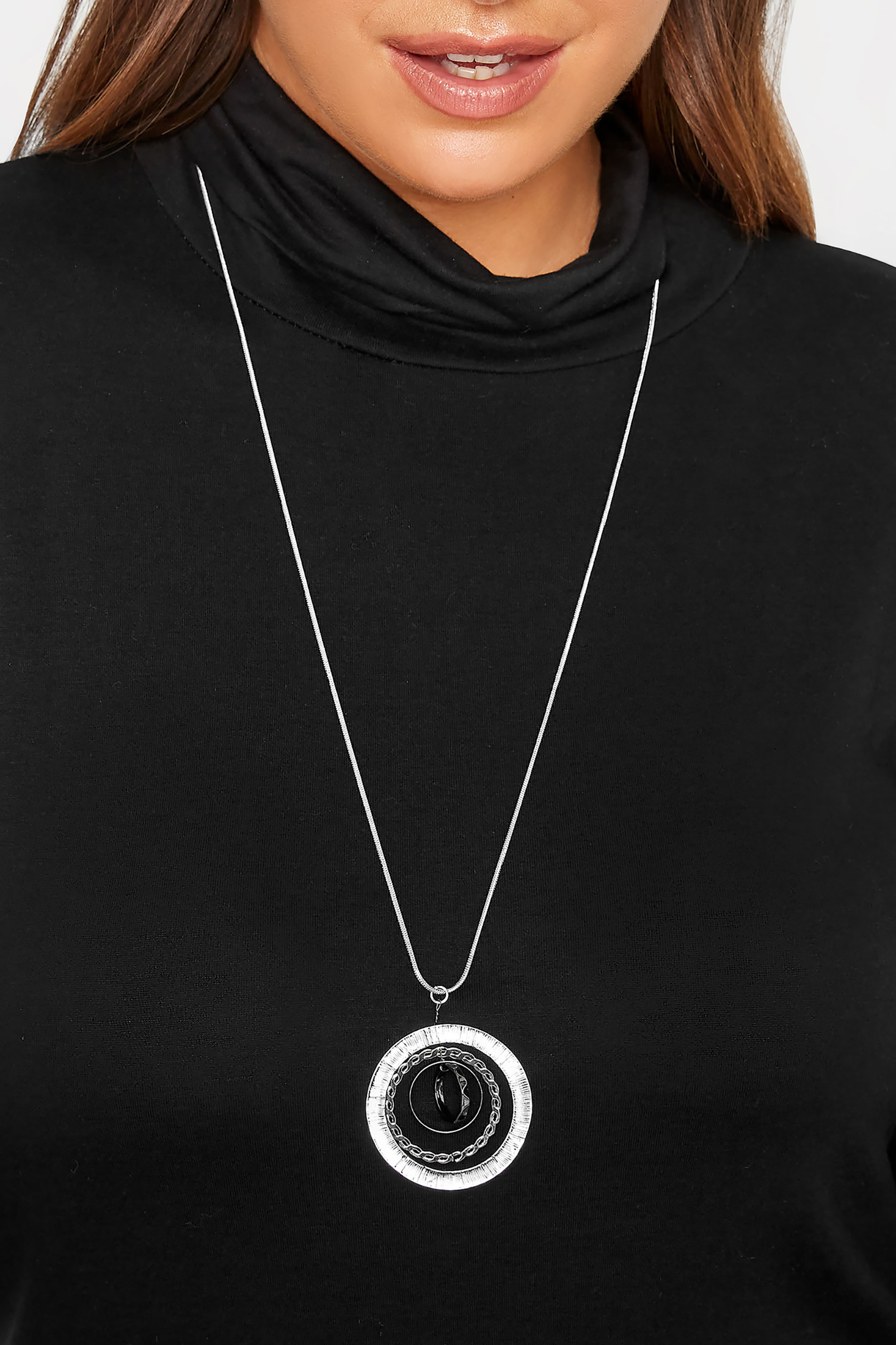 Silver Tone Mixed Metal Circle Pendant Long Necklace | Yours Clothing 1
