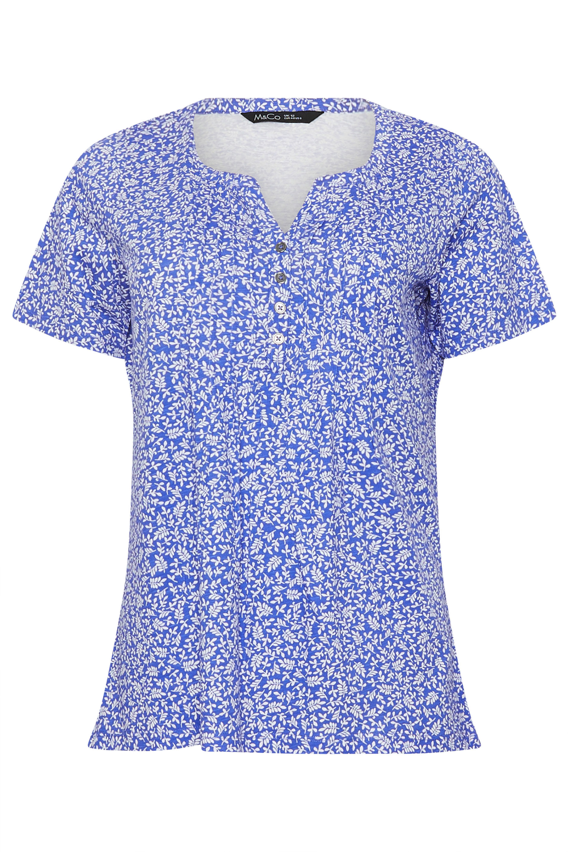 M&Co Blue Leaf Print Cotton Henley Top| M&Co 5