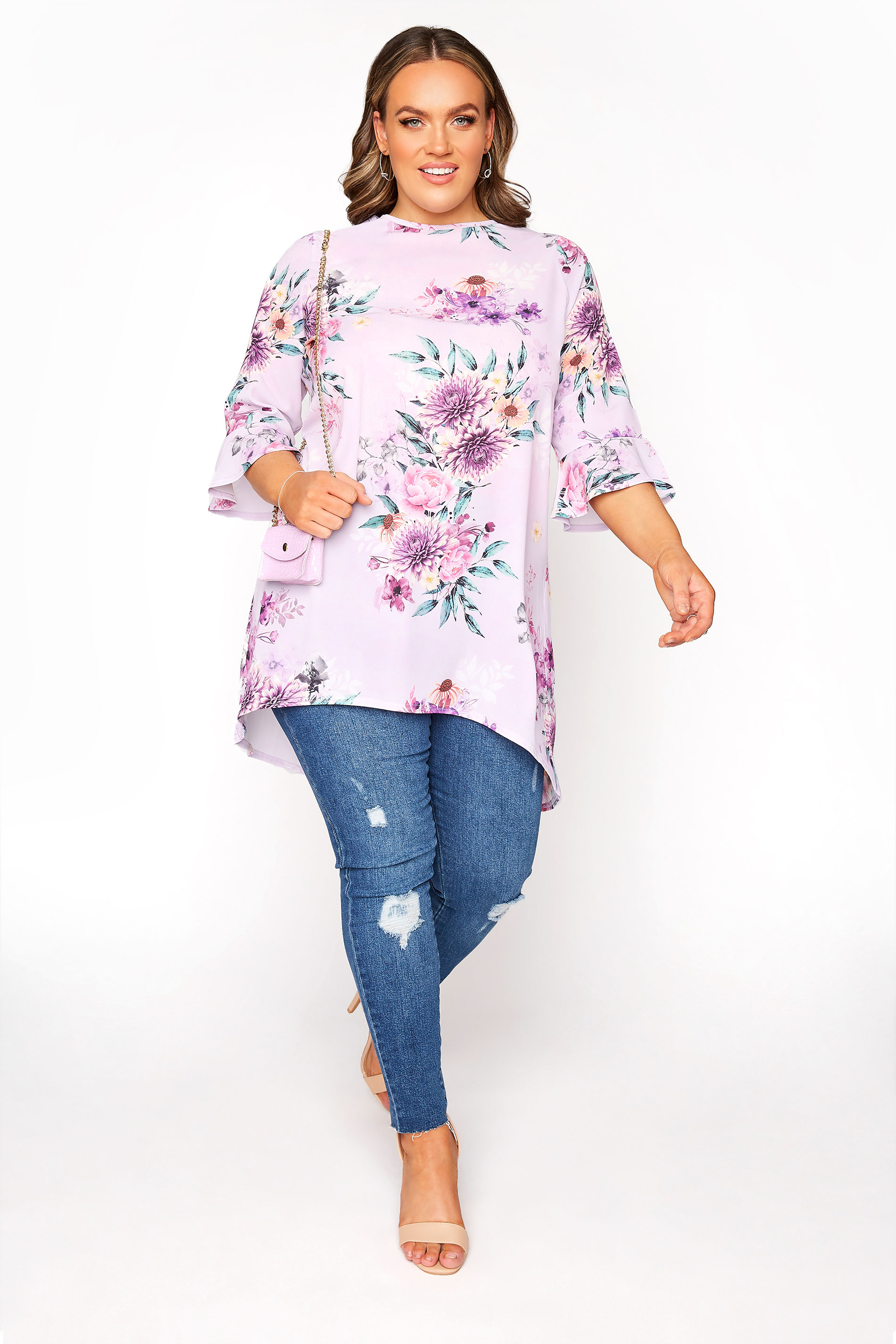 YOURS LONDON Purple Floral Flute Sleeve Tunic | Yours Clothing