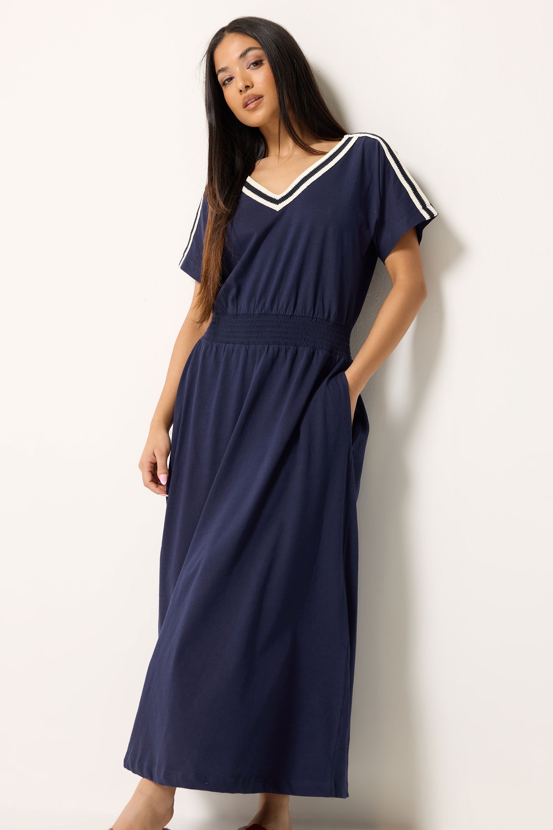 M&Co Petite Navy Blue Woven Trim Detail Cotton Maxi Dress | M&Co 3