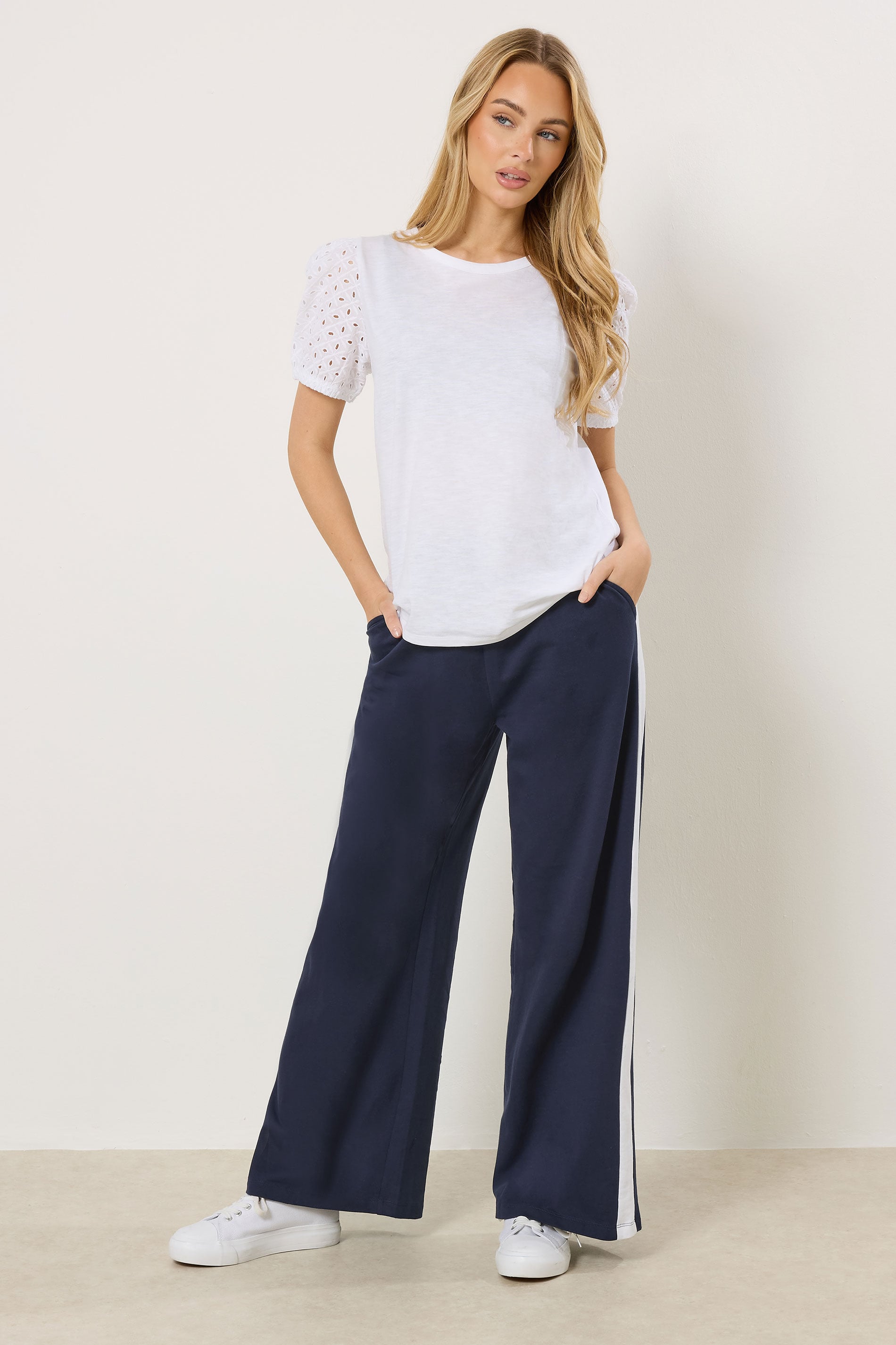 M&Co Navy Blue & White Side Stripe Cotton Wide Leg Joggers | M&Co 1