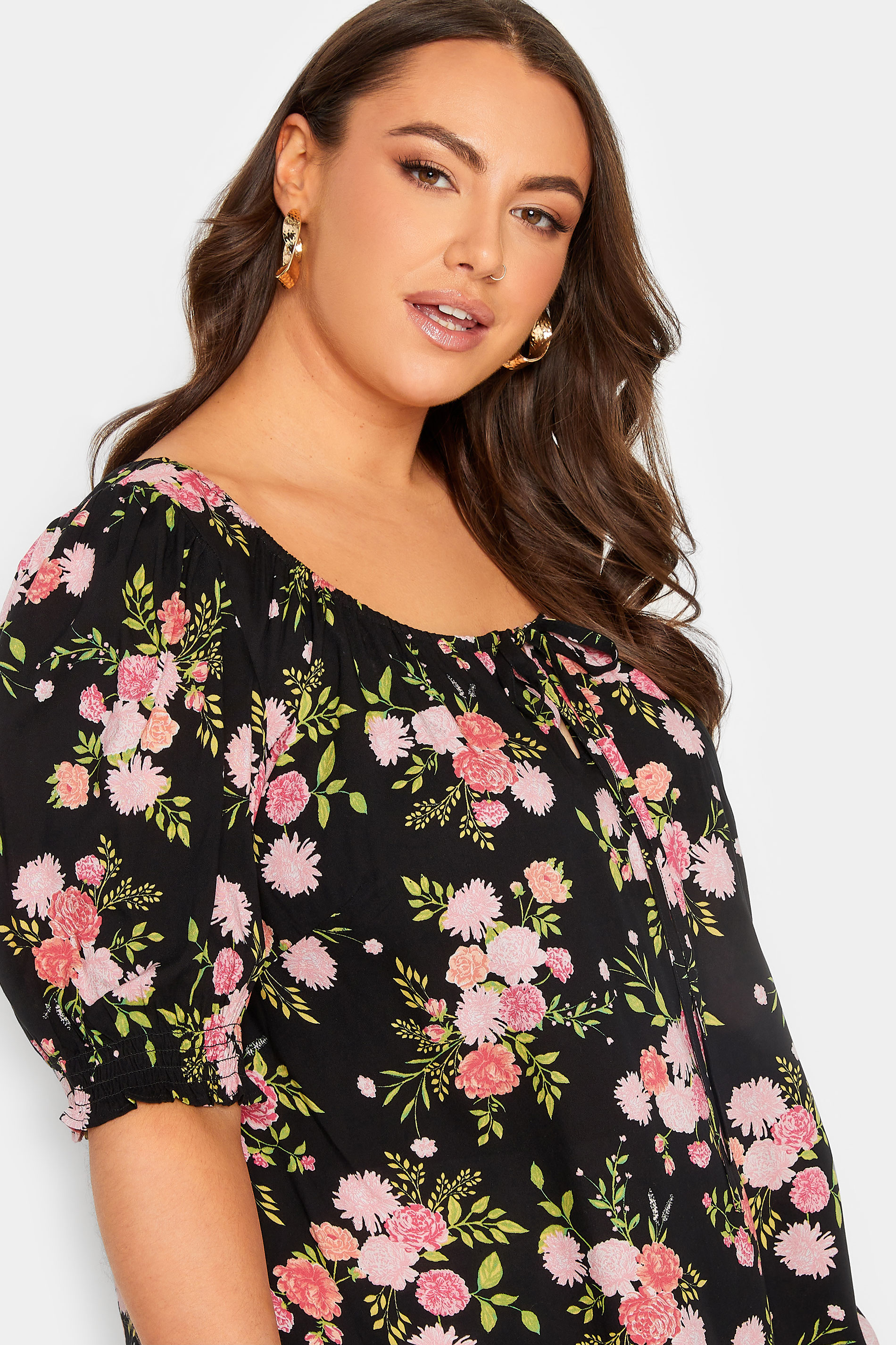 Yours Plus Size Black Floral Tie Front Gypsy Top Yours Clothing