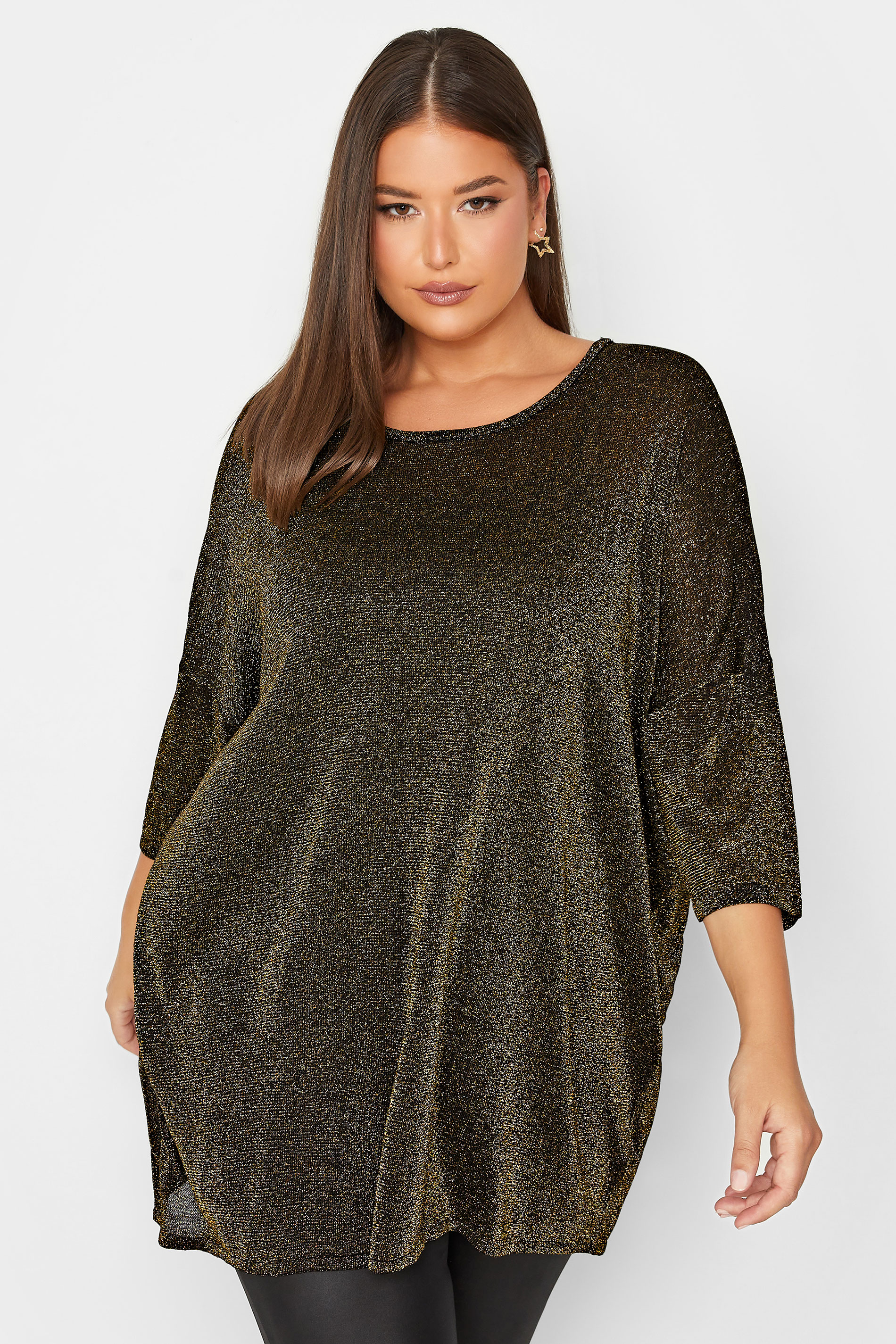 Curve Gold & Black Glitter Drop Shoulder Top | Yours Clothing 1
