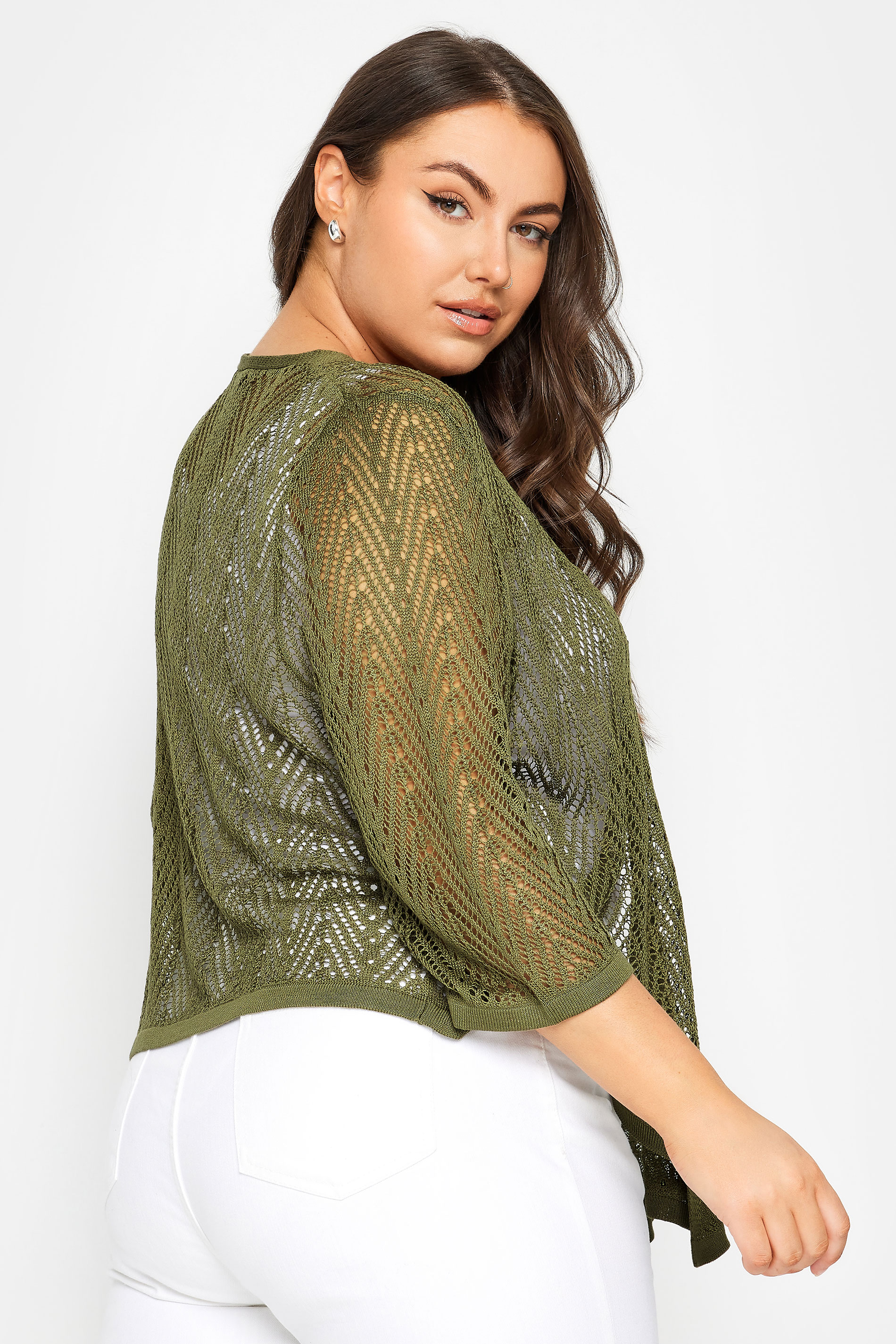 YOURS Plus Size Green Pointelle Waterfall Cardigan | Yours Clothing 3