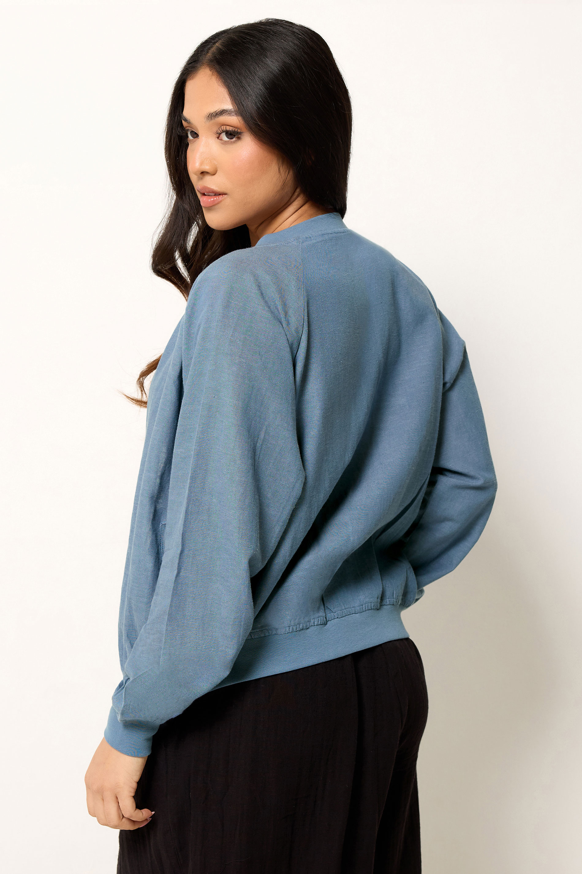 PixieGirl Petite Women's Blue Linen Bomber Jacket | PixieGirl 2