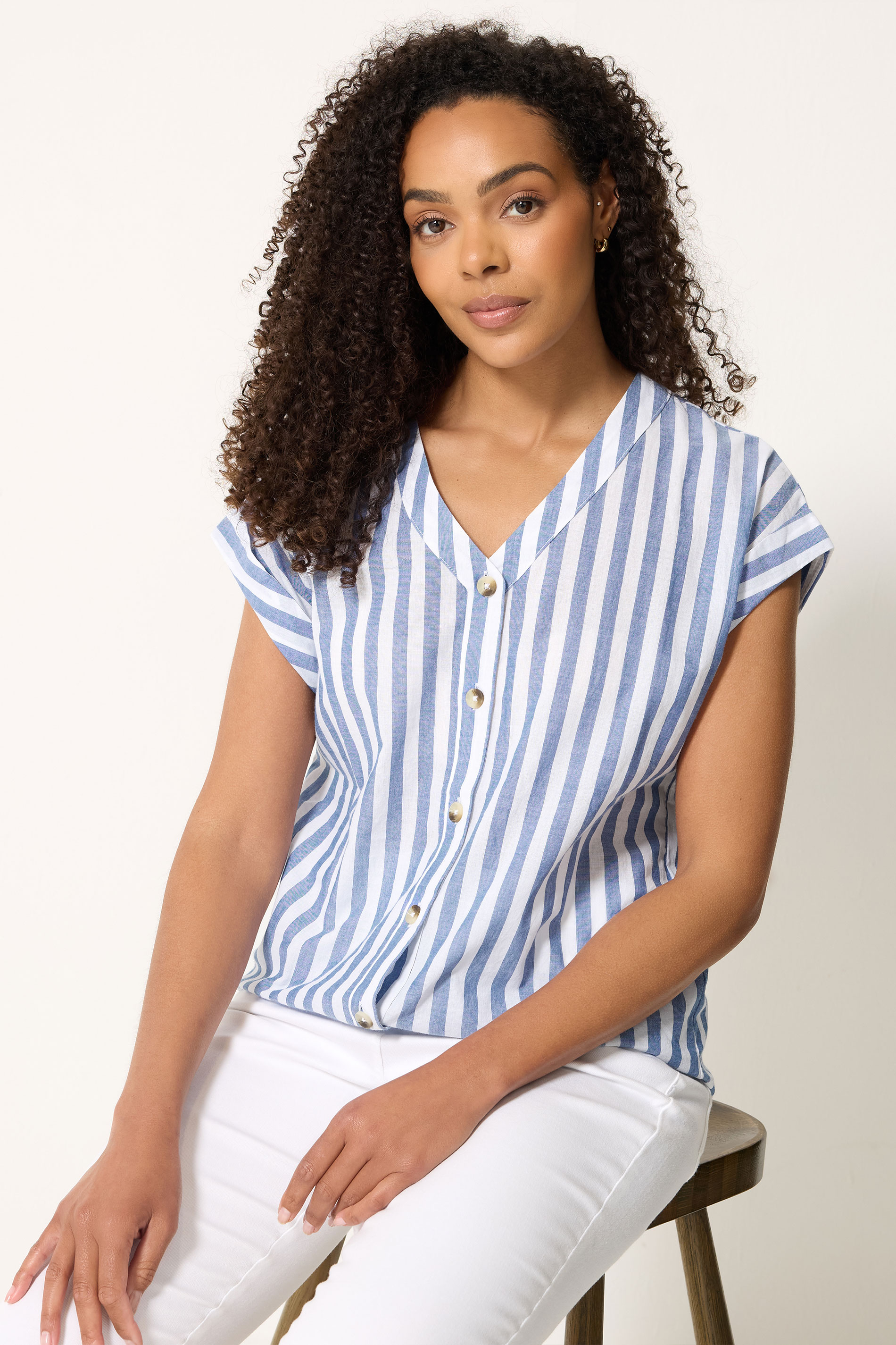 M&Co Blue Stripe Cotton Button Blouse | M&Co 3