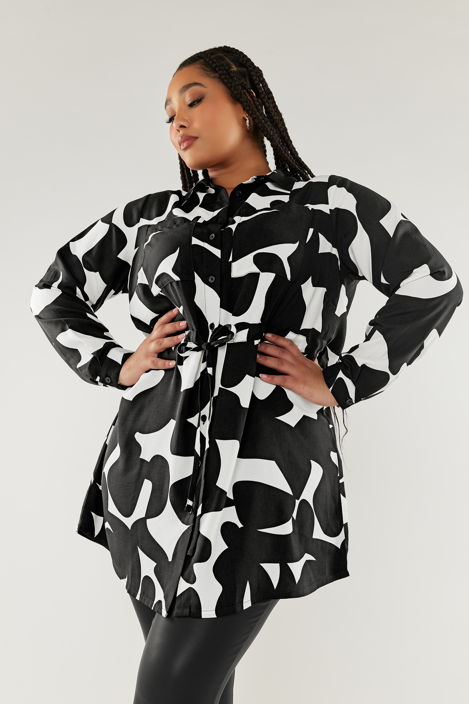 YOURS Plus Size Black & White Abstract Print Utility Tunic Shirt | Yours Clothing 1