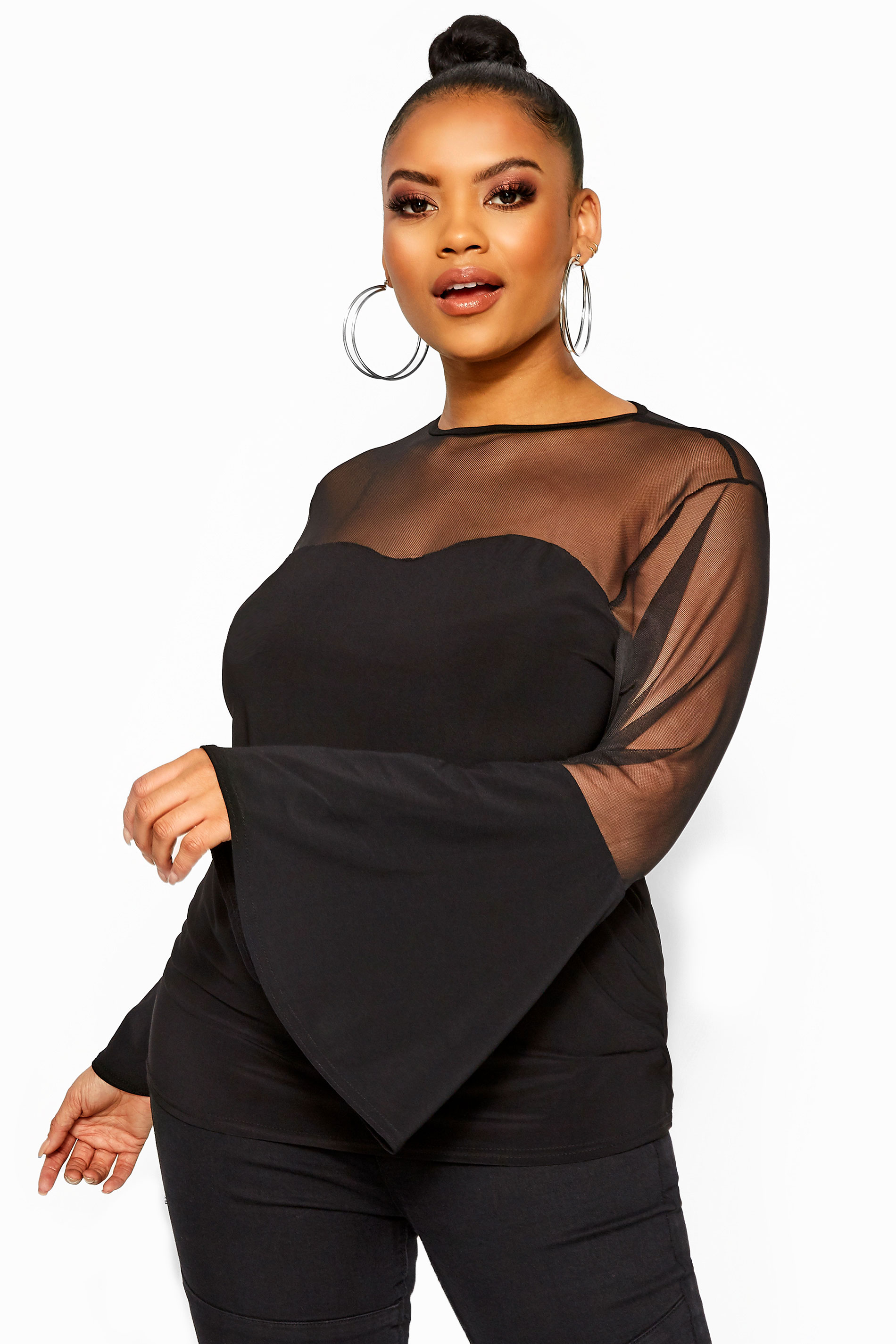 Limited Collection Black Mesh Sweetheart Flare Sleeve Top Yours Clothing