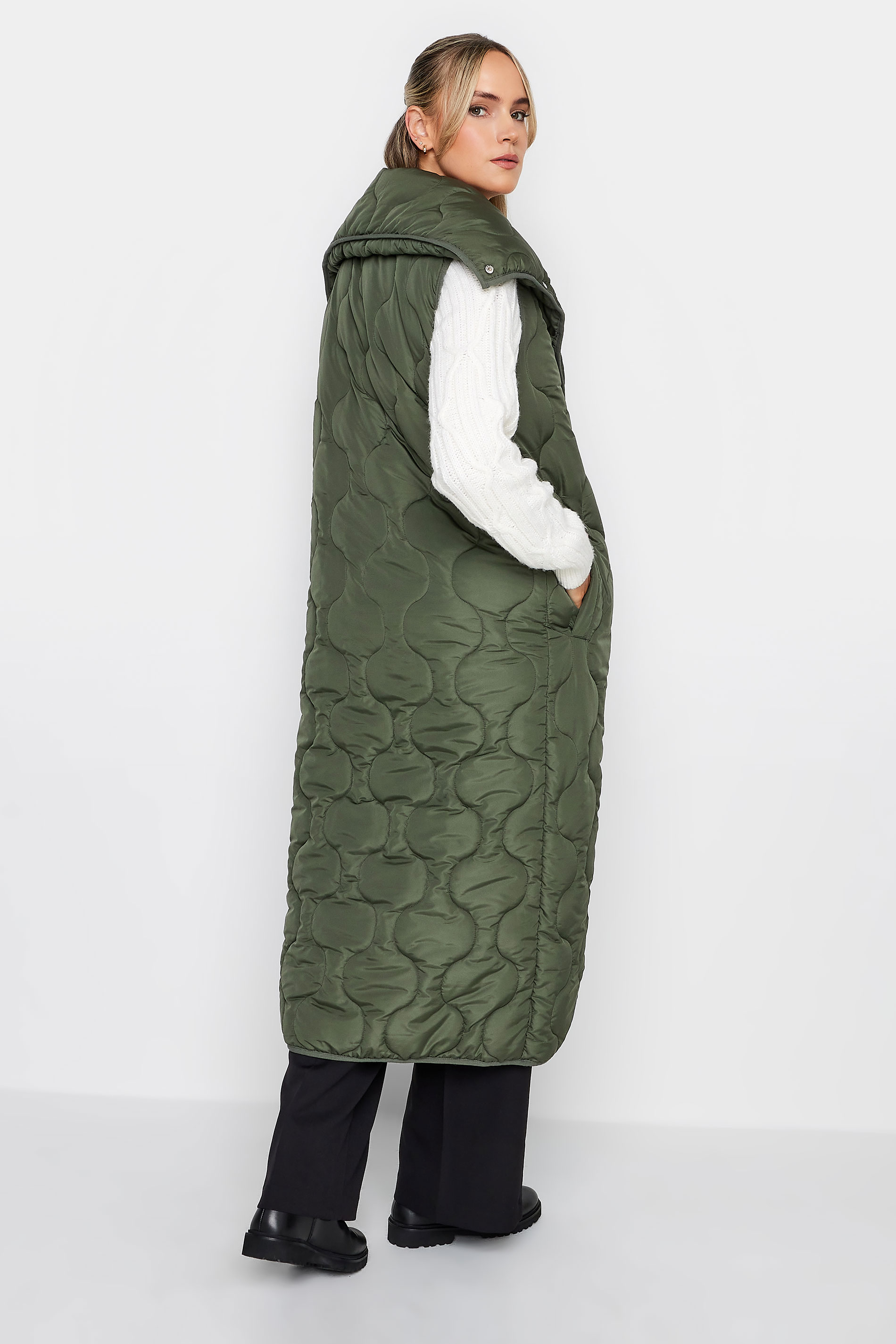 LTS Tall Olive Green Funnel Neck Quilted Longline Gilet | Long Tall Sally 3