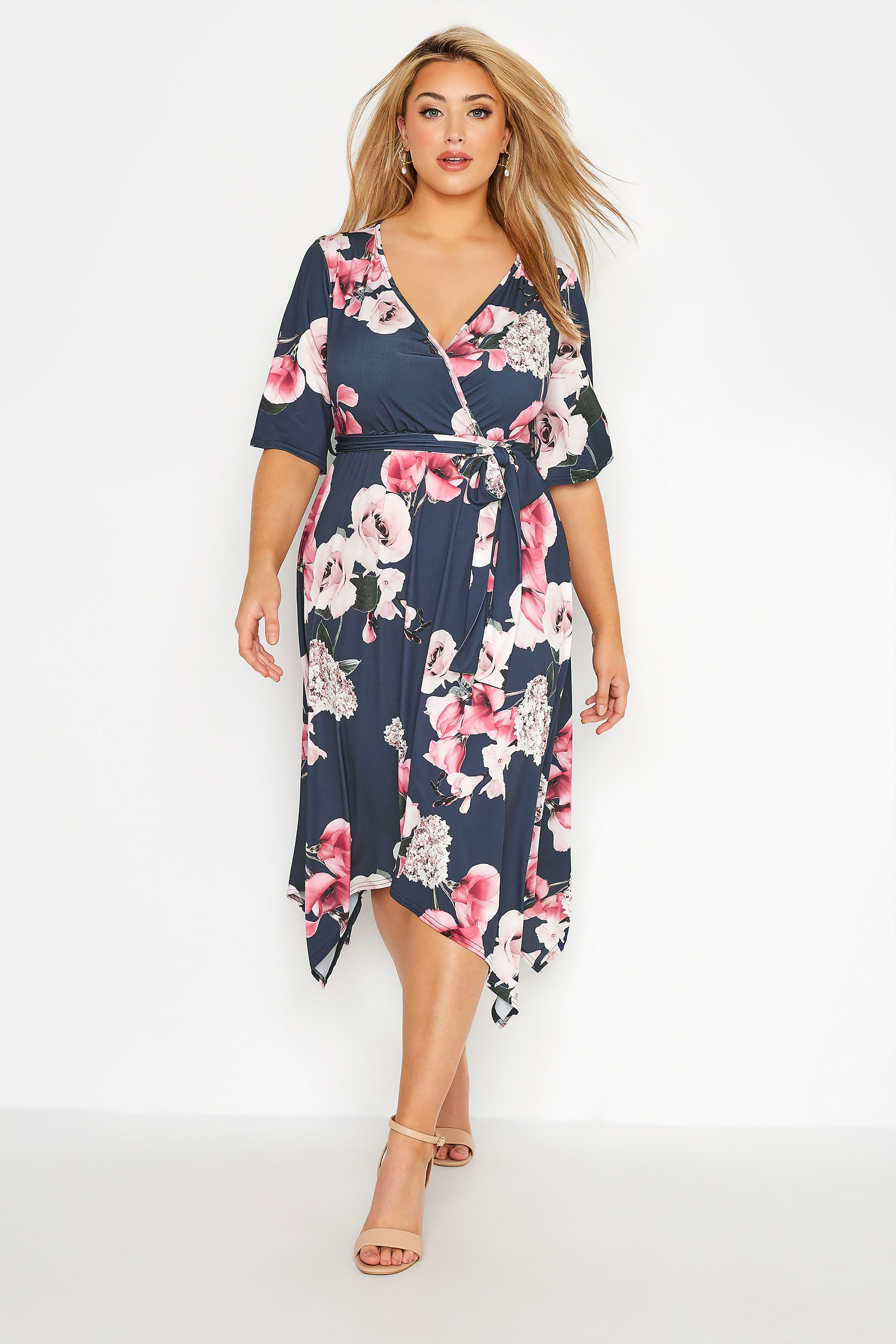 YOURS LONDON Plus Size Navy Blue Floral Hanky Hem Dress | Yours Clothing 2