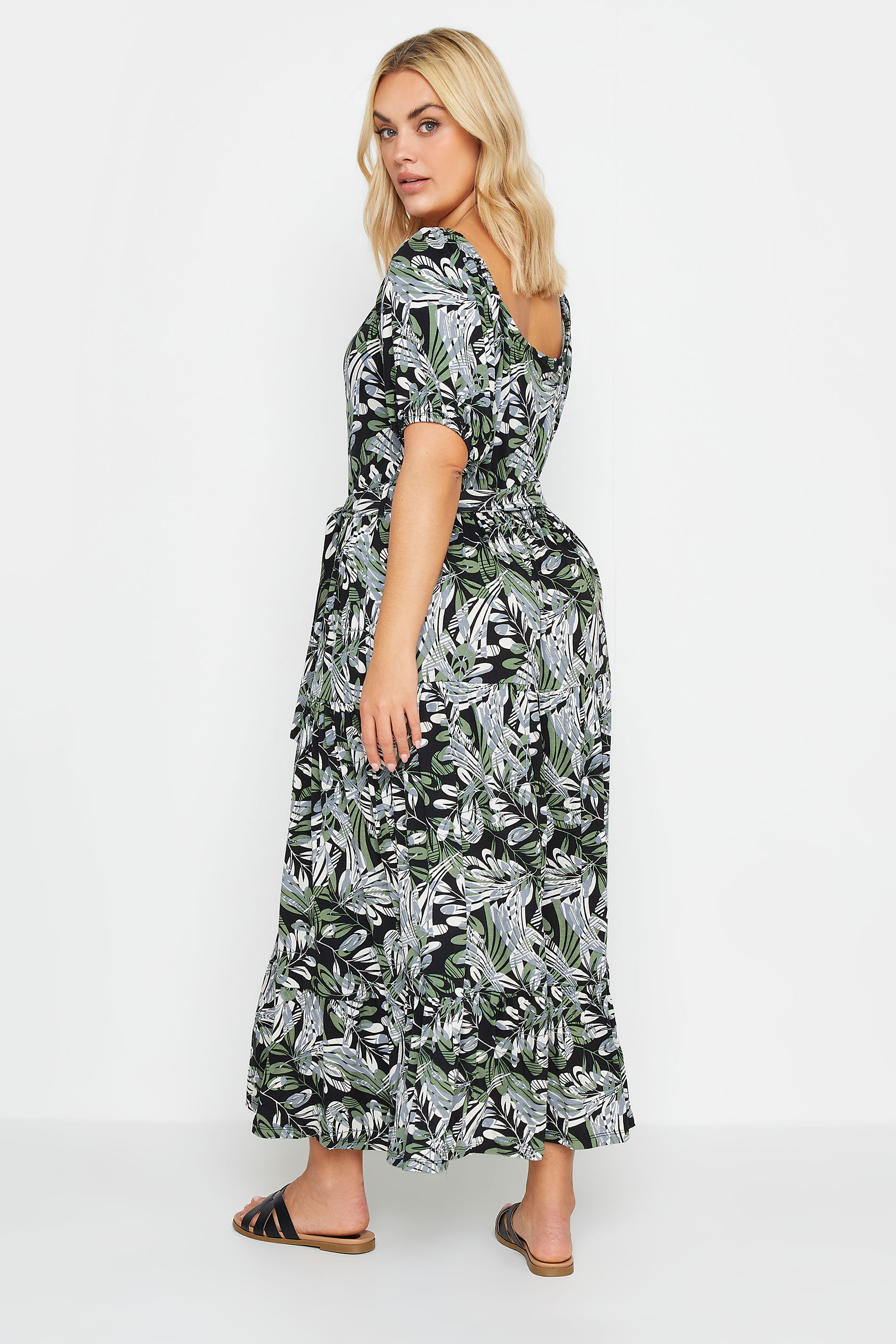 YOURS Plus Size Green Leaf Print Tiered Maxi Dress | Yours Clothing 3