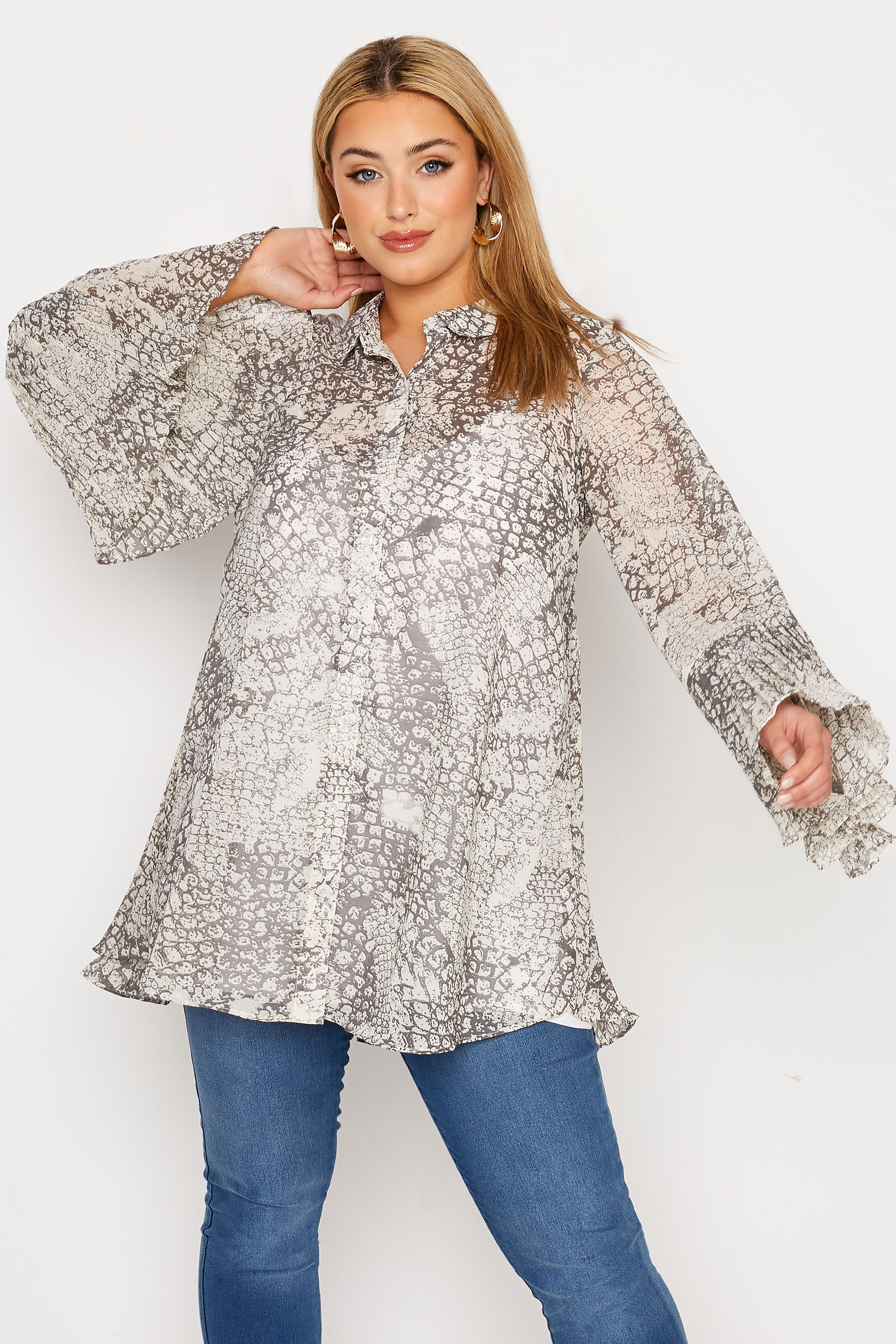 YOURS LONDON Plus Size Grey Snake Print Pleated Shirt | Yours Clothing 1
