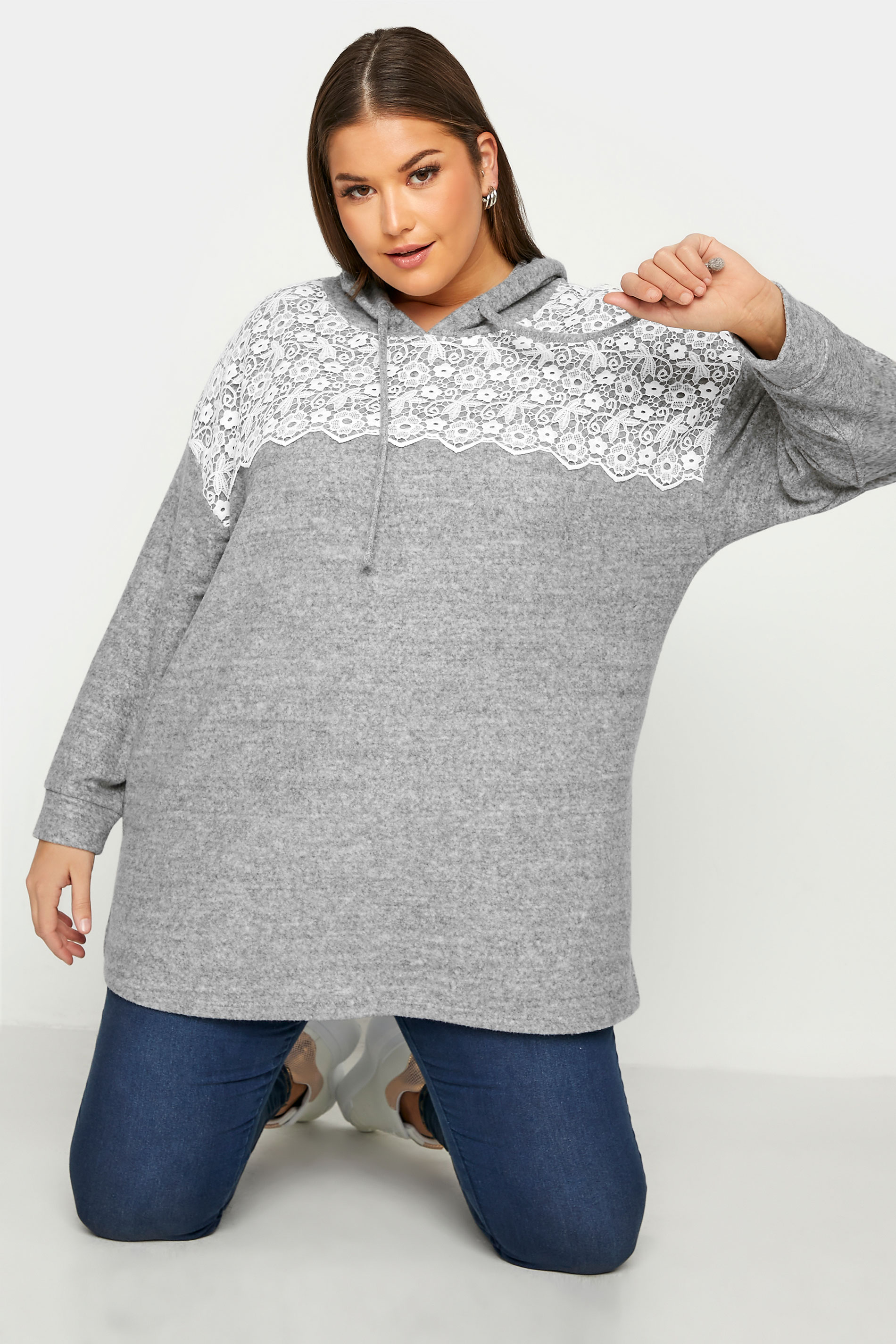 Curve Grey Soft Touch Lace Trim Hoodie 1