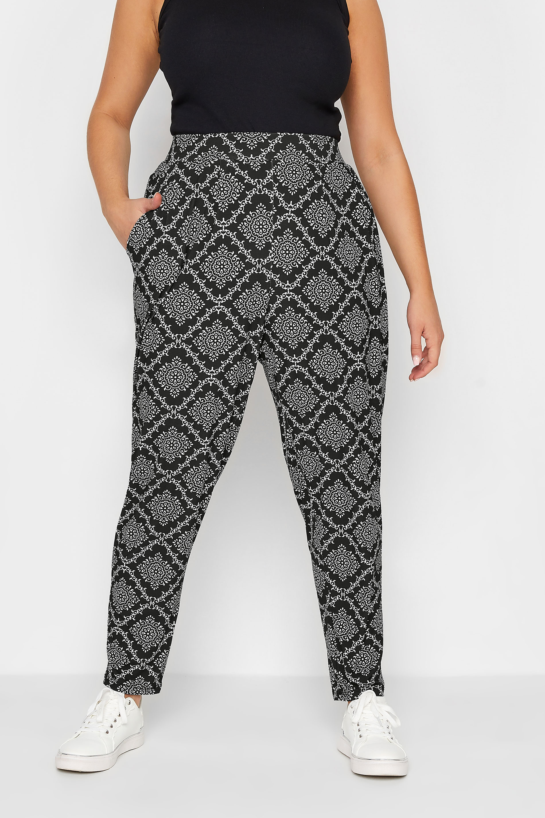 YOURS Plus Size Black Tile Print Double Pleat Harem Trousers | Yours Clothing 1