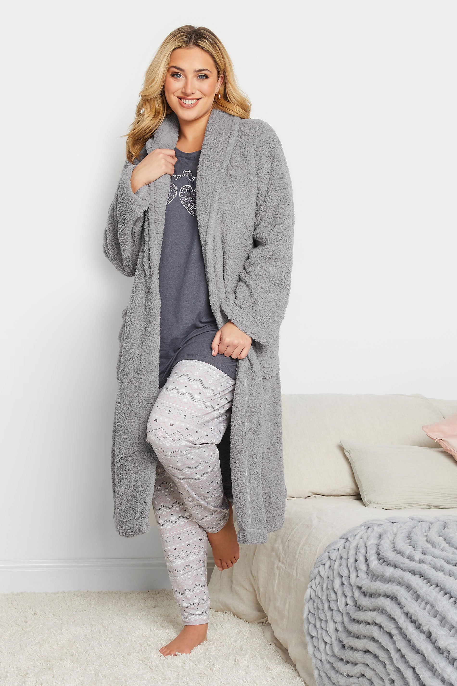 Plus Size Grey Teddy Fleece Dressing Gown | Yours Clothing 2