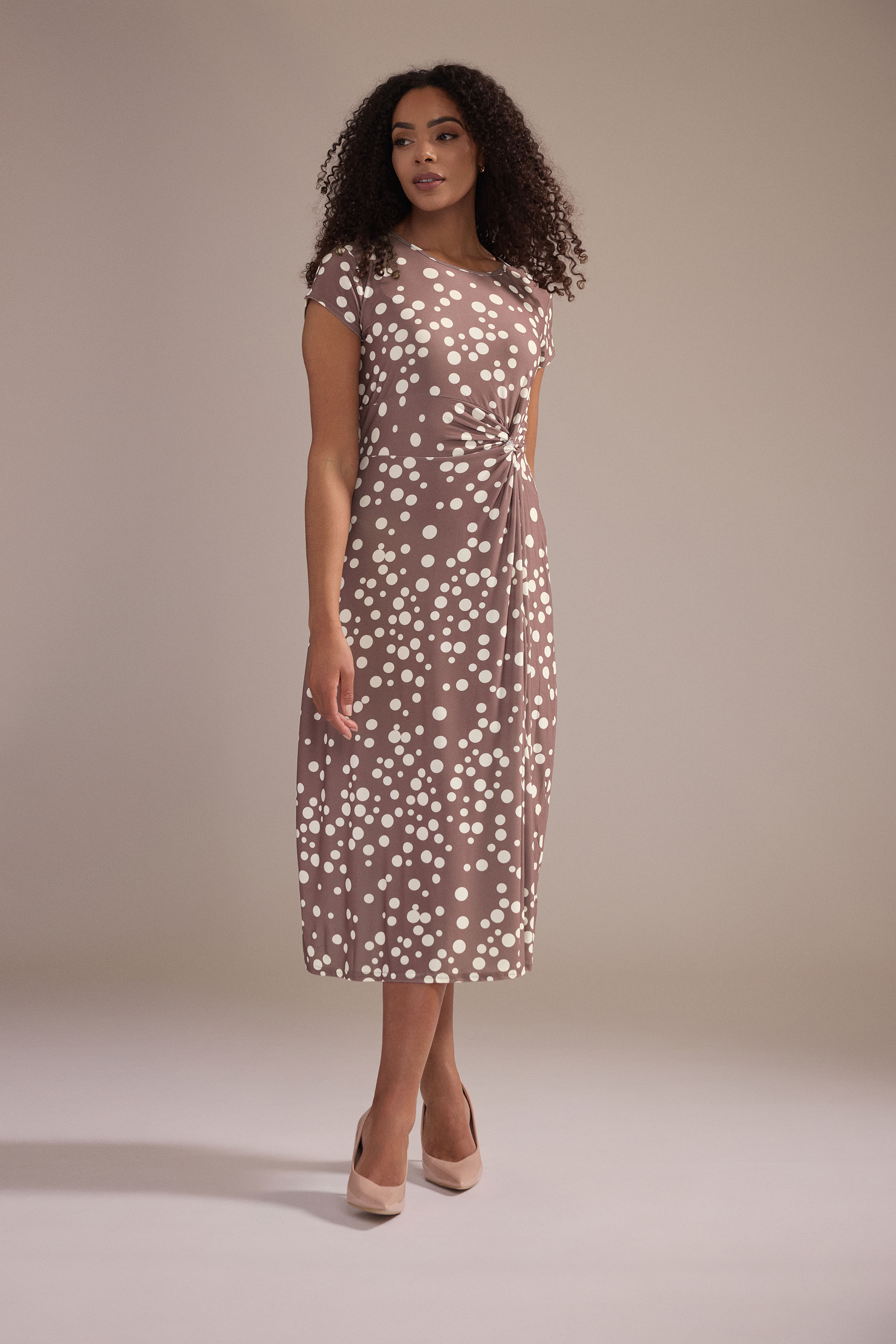 M&Co Mocha Brown Polka Dot Side Twist Midi Dress | M&Co 1