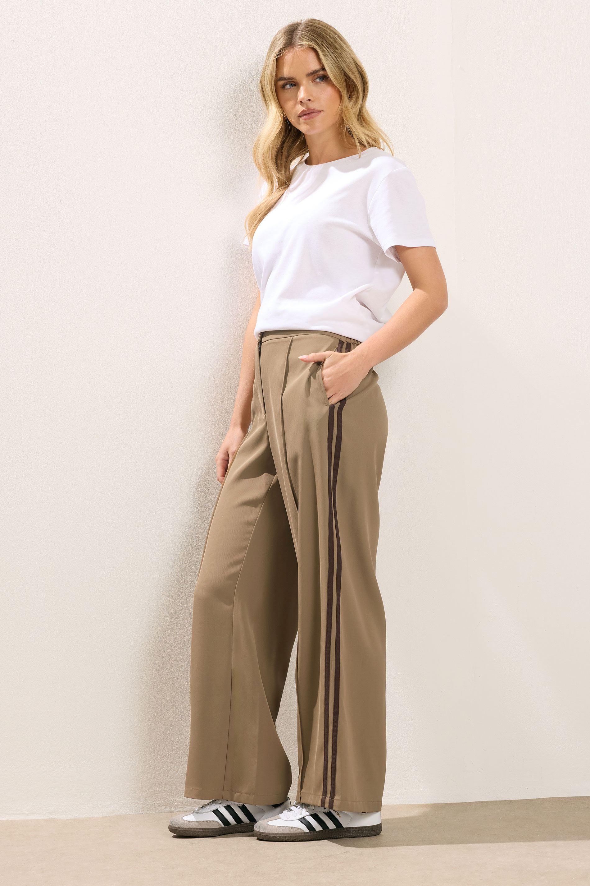 PixieGirl Petite Women's Mocha Brown Side Stripe Wide Leg Trousers | PixieGirl 1