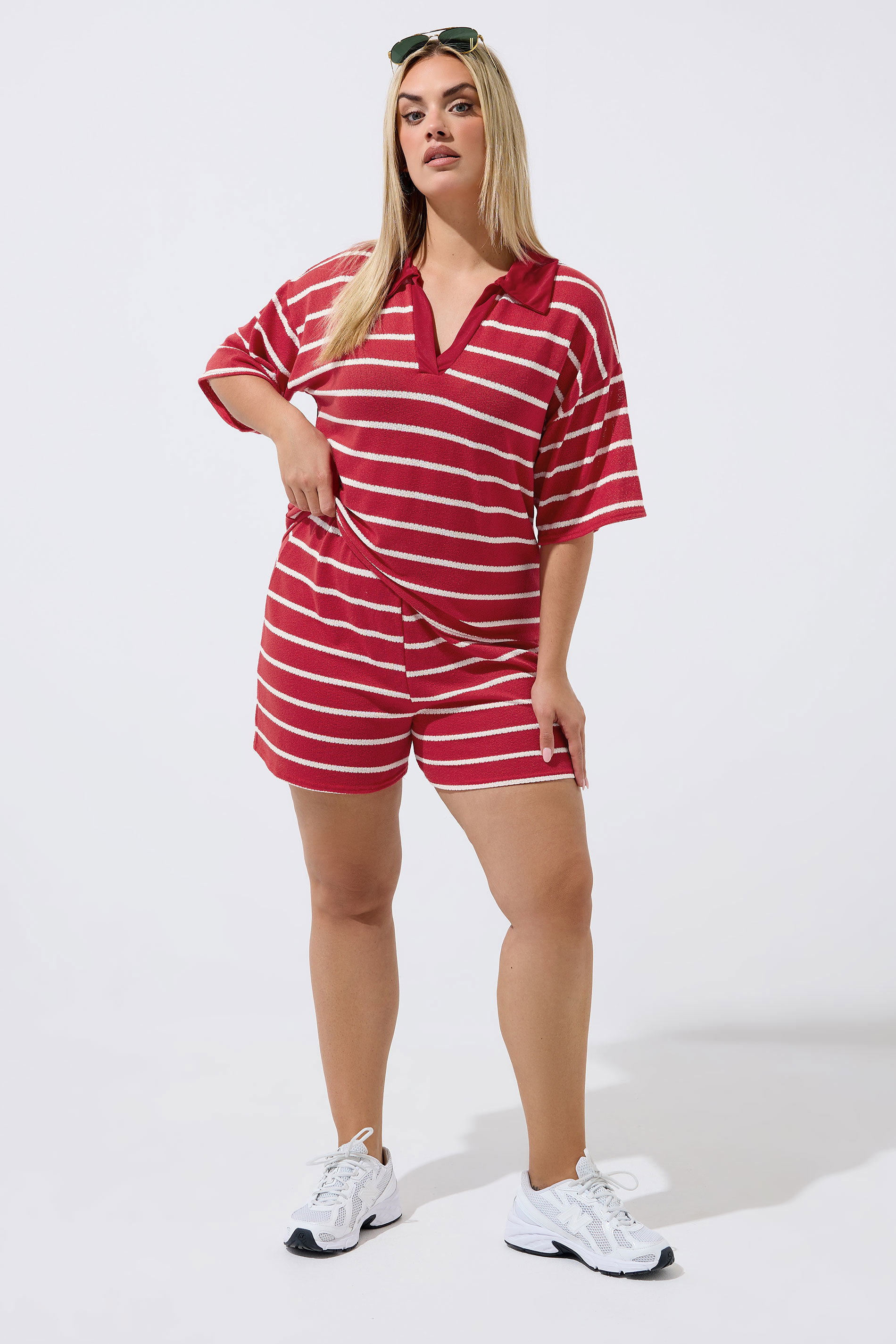 LIMITED COLLECTION Plus Size Red Crochet Stripe Shorts | Yours Clothing 1