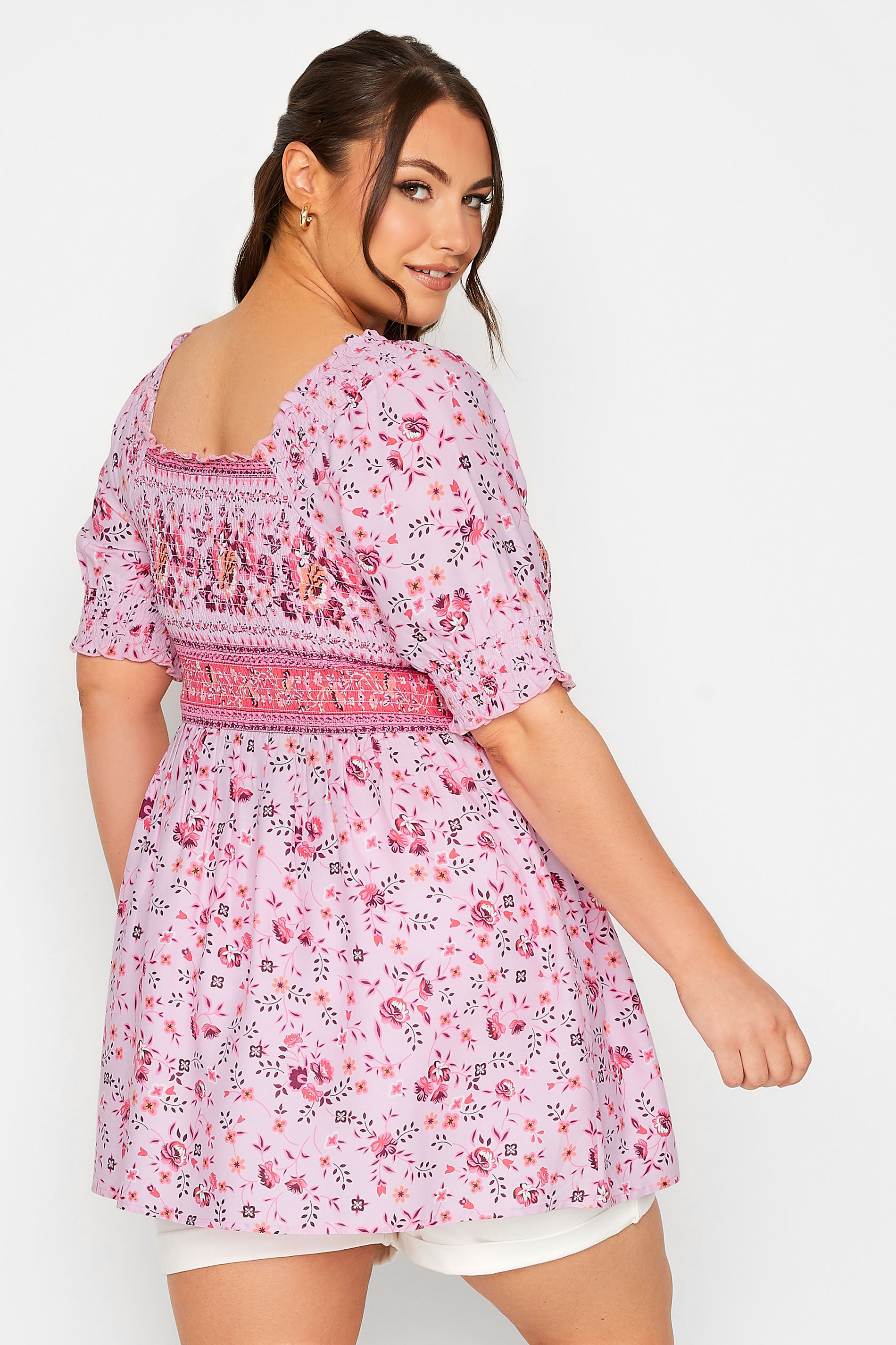 LIMITED COLLECTION Curve Plus Size Pink Ditsy Floral Print Shirred Top | Yours Clothing  3