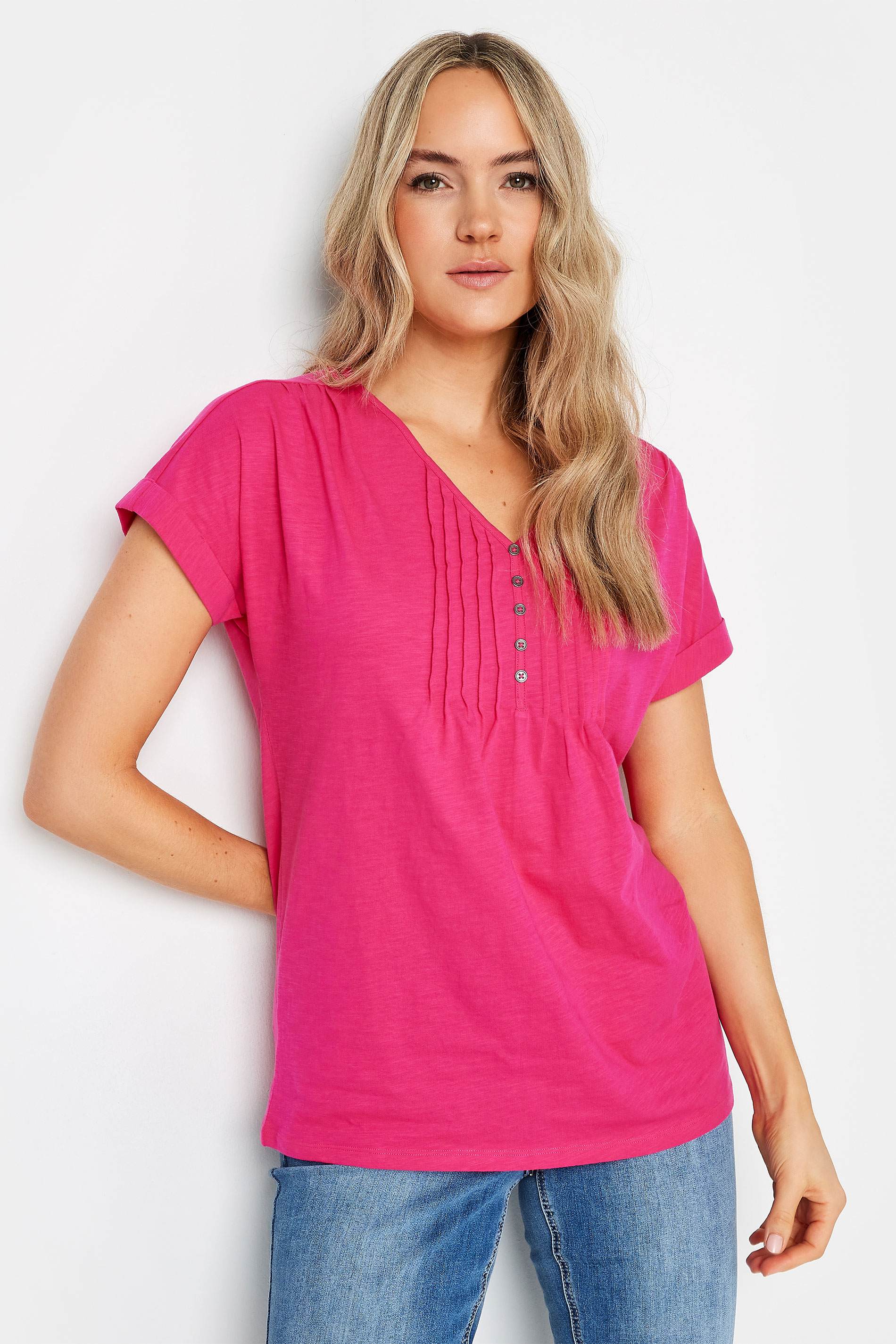 LTS 2 PACK Tall Women's Bright Pink & White Cotton Henley T-Shirts | Long Tall Sally 2