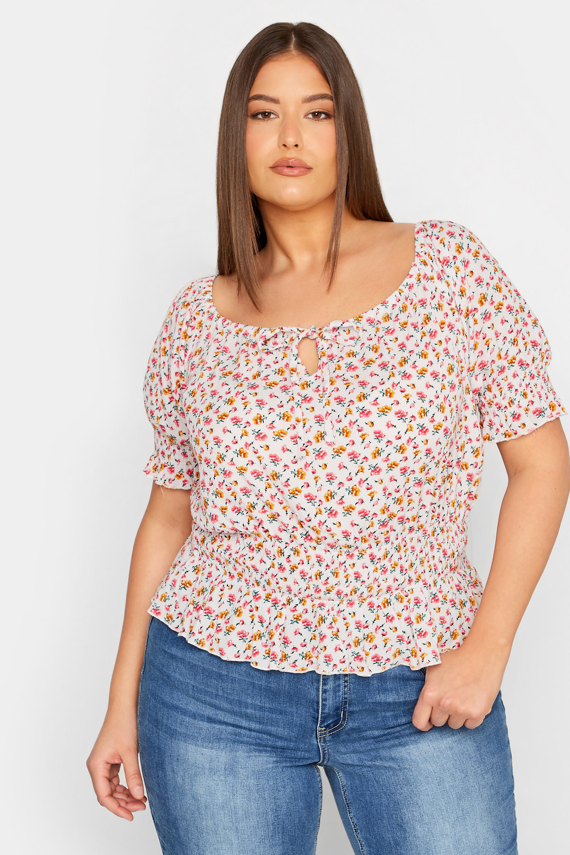 LTS Tall White Floral Crinkle Bardot Top | Long Tall Sally 1