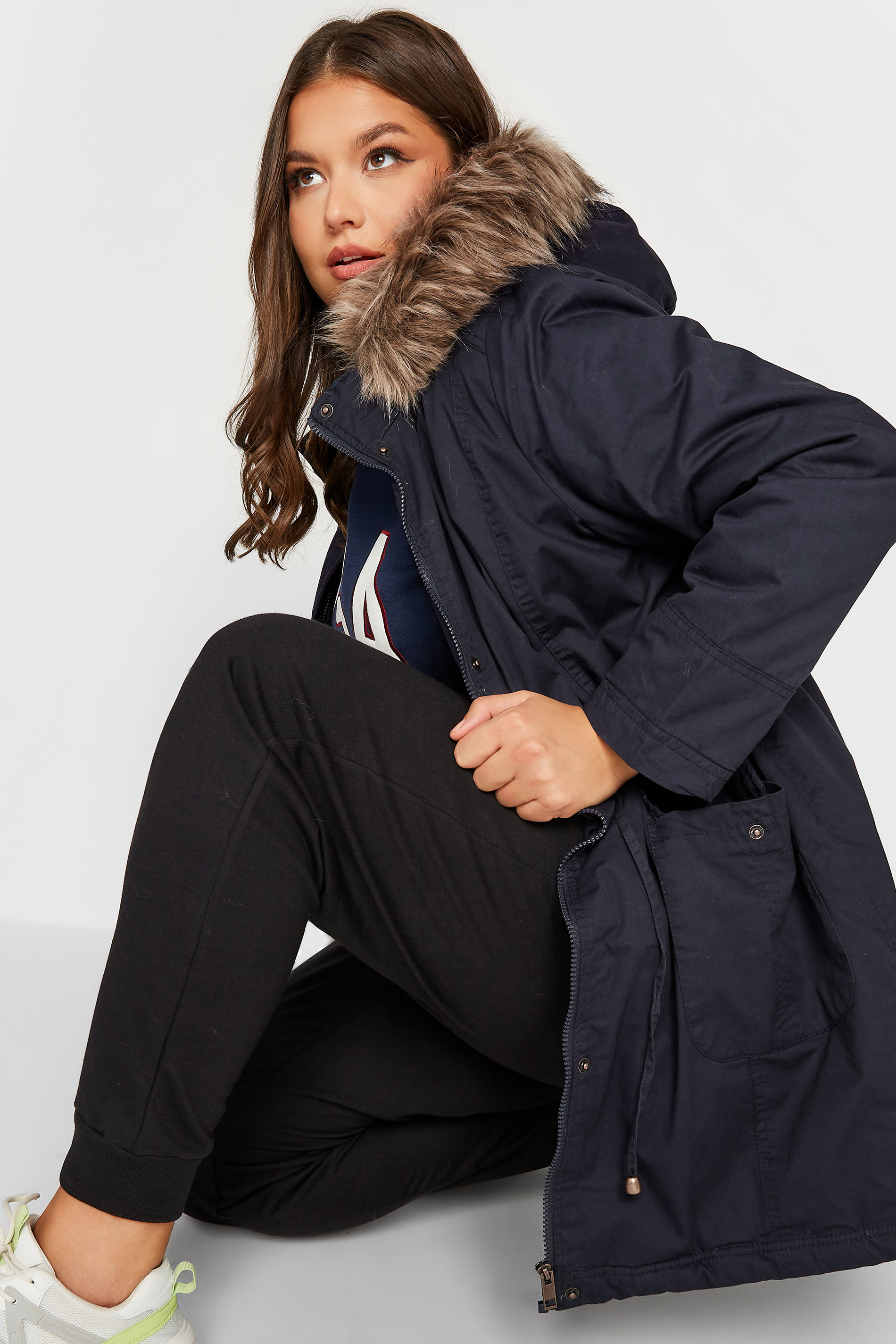 Plus Size Navy Blue Faux Fur Lined Hooded Parka | Clothing