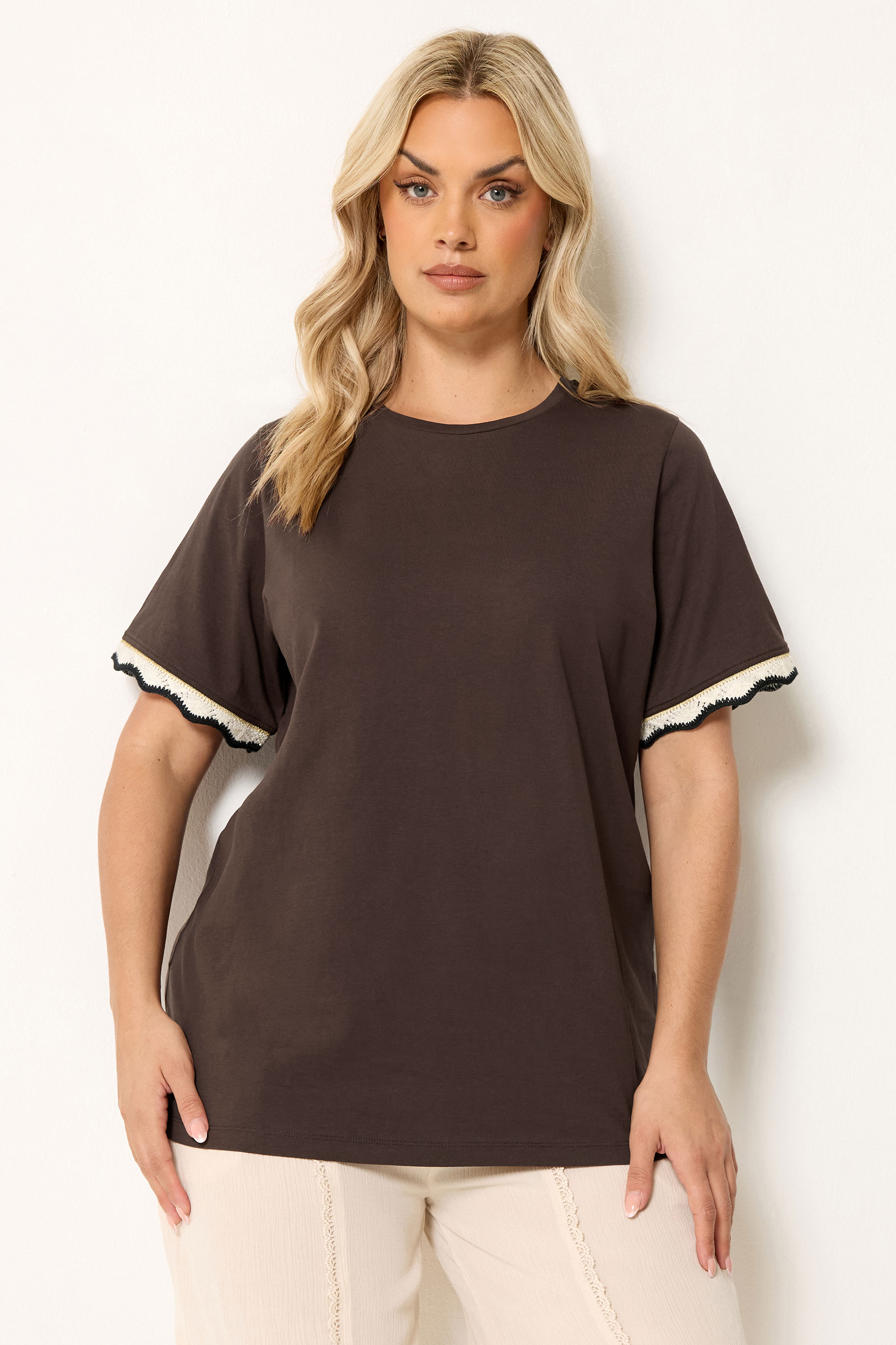 YOURS Plus Size Burnt Metallic Crochet Trim T-Shirt | Yours Clothing 3