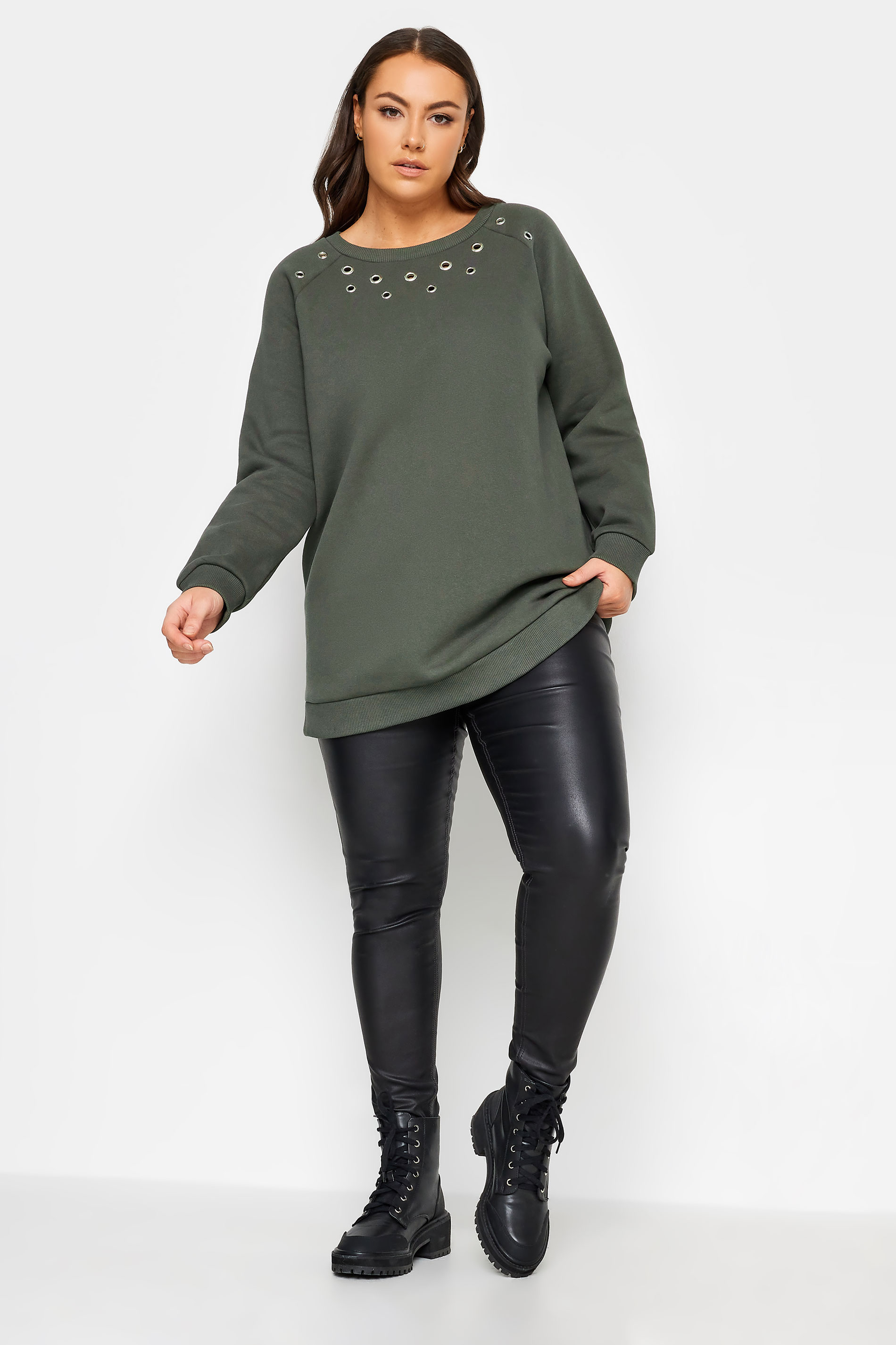YOURS Curve Dark Green Eyelet Detail Sweatshirt | Yours Clothing 2