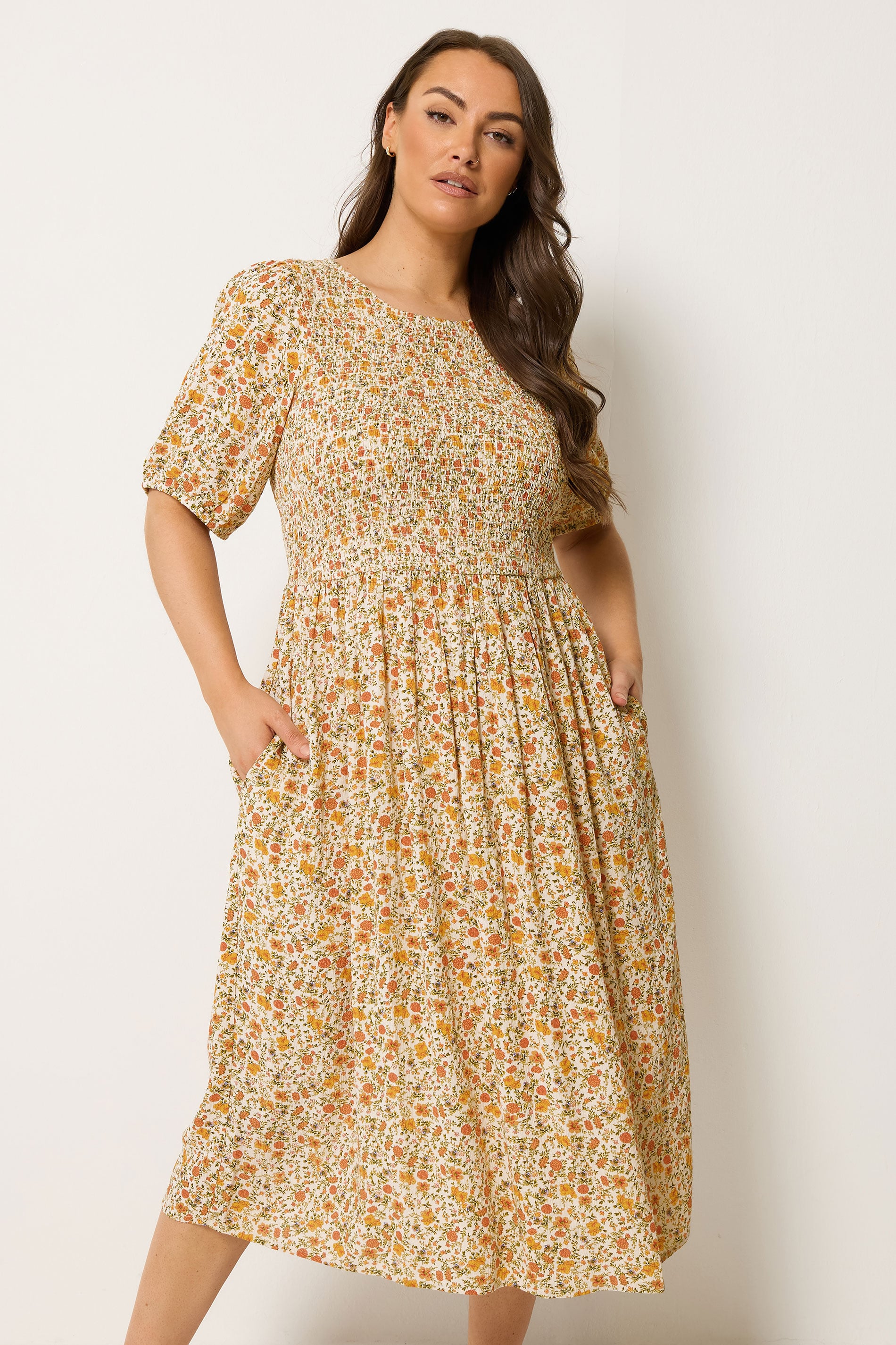 YOURS Plus Size Yellow Ditsy Floral Shirred Dress | Yours Clothing 3