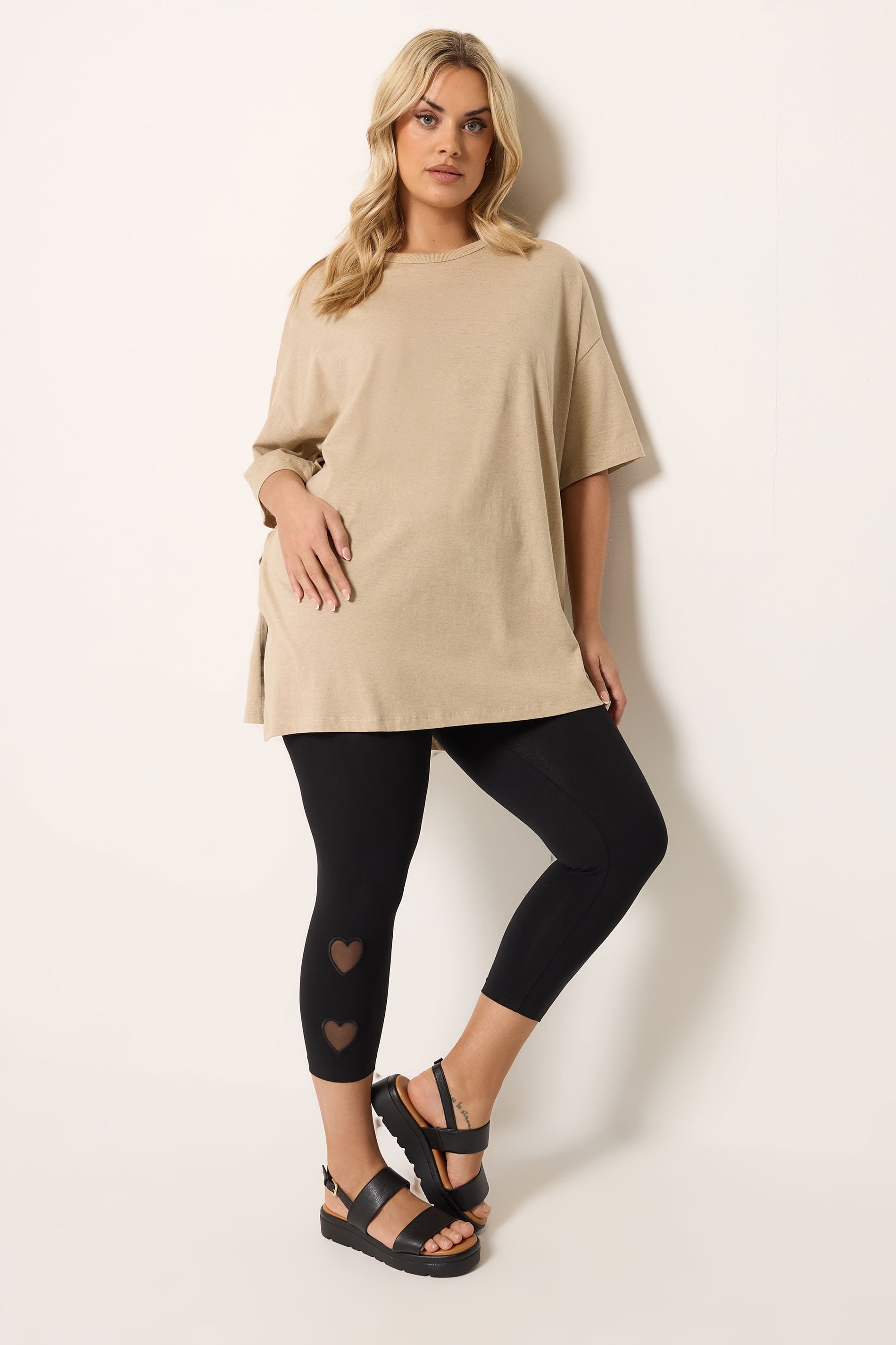 YOURS Plus Size Black Heart Mesh Detail Cropped Leggings | Yours Clothing 3