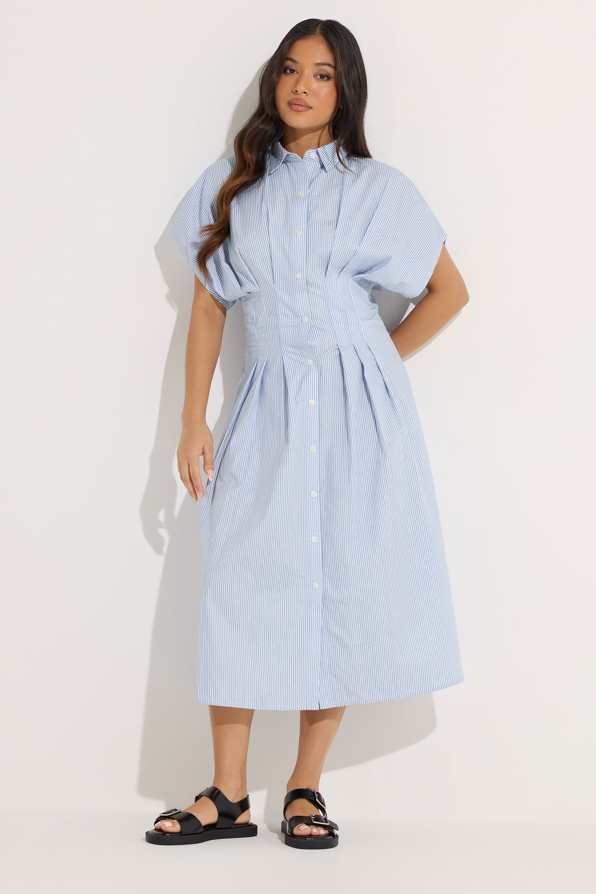 PixieGirl Petite Women's Blue Stripe Shirt Maxi Dress | PixieGirl 3