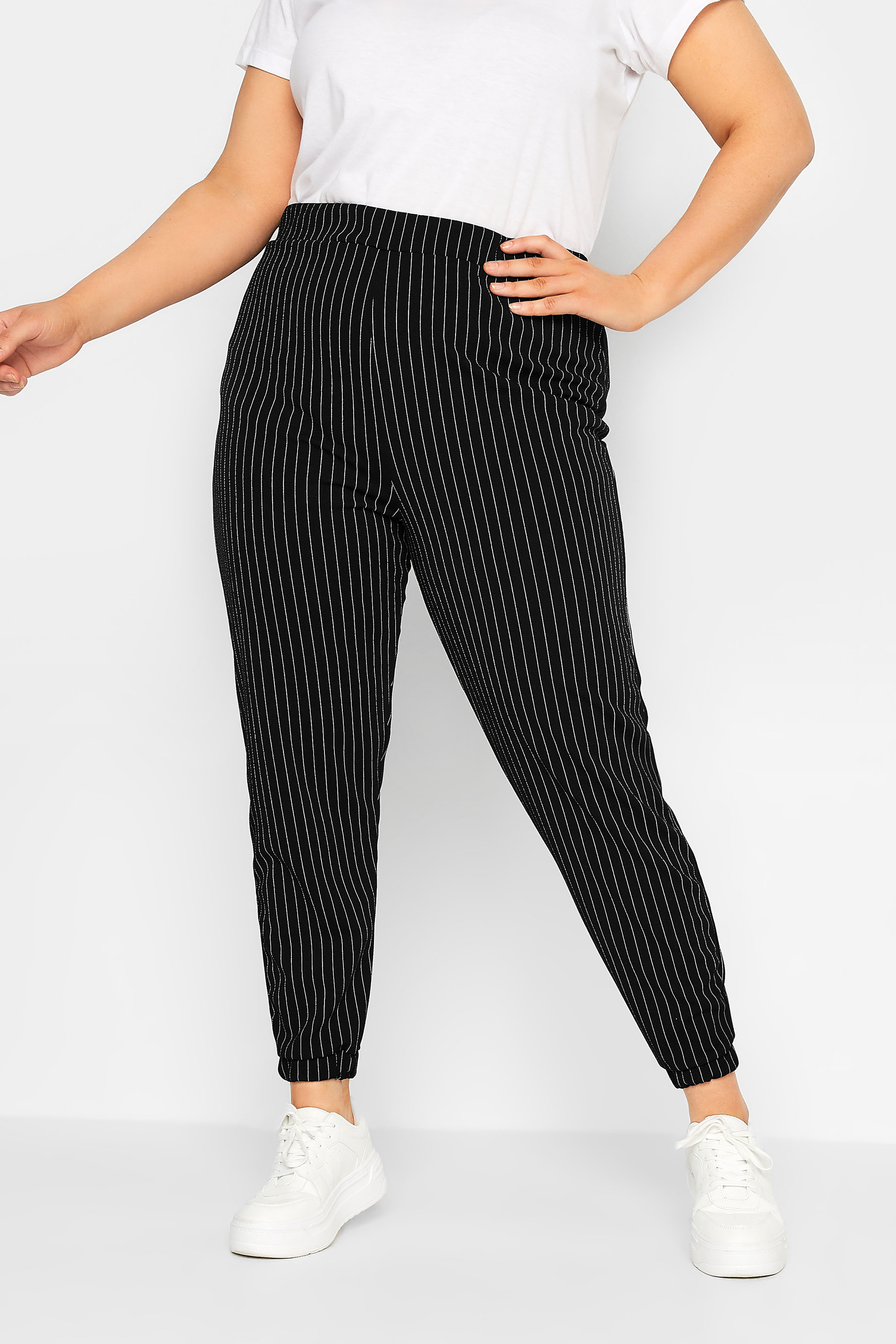 YOURS Plus Size Black Pinstripe Joggers | Yours Clothing 1
