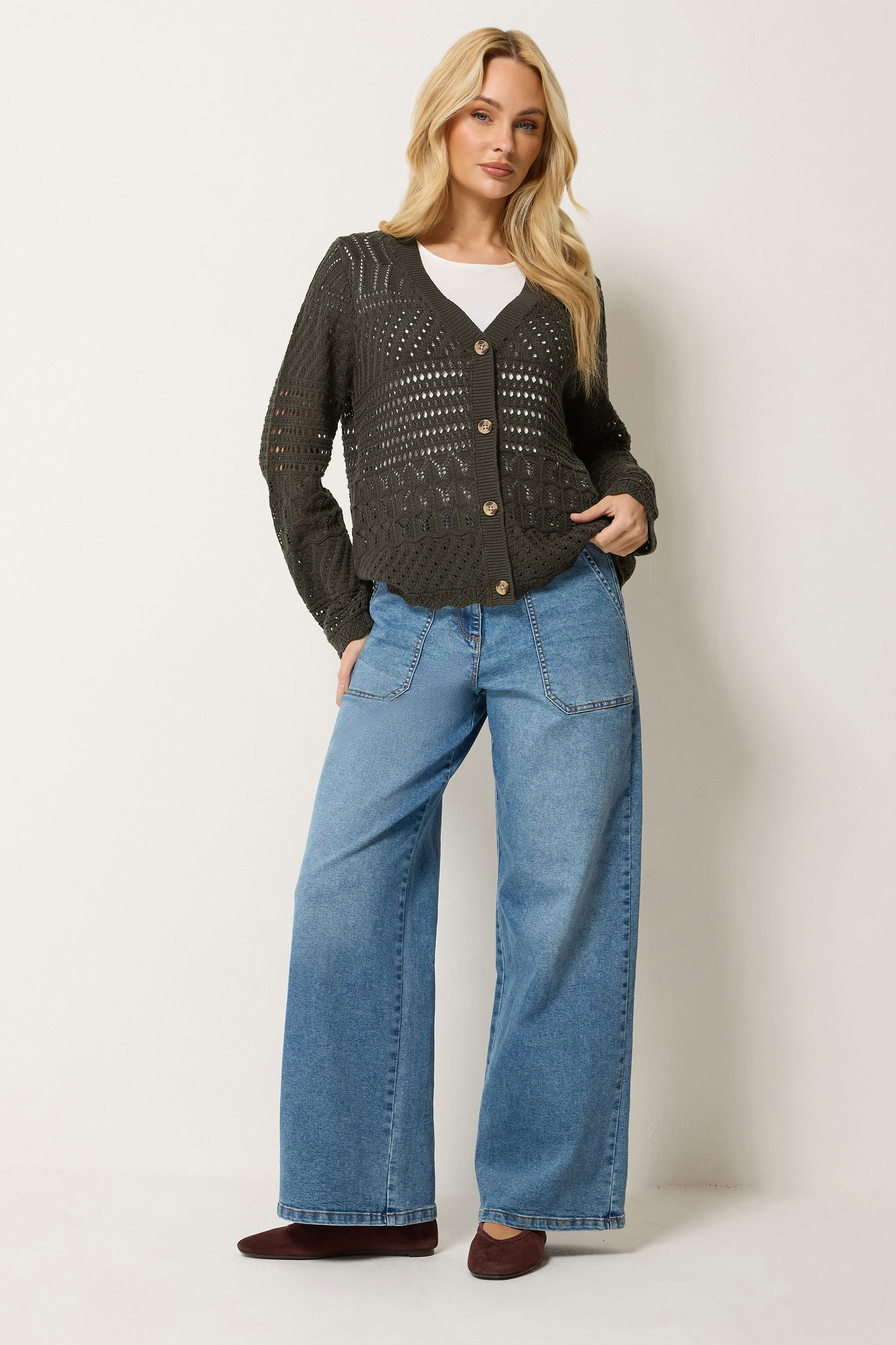 M&Co Chocolate Brown V-Neck Crochet Cardigan | M&Co 1