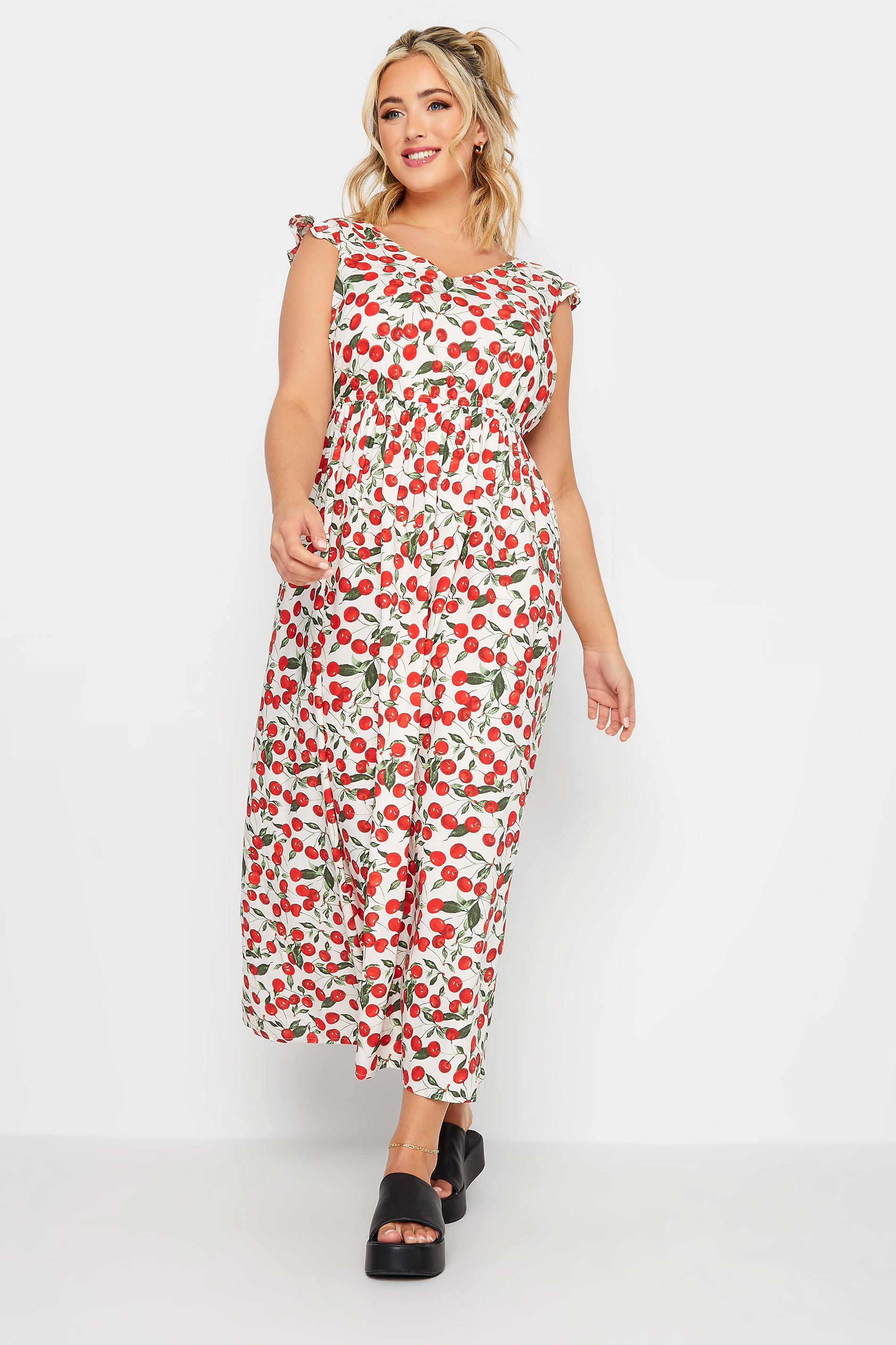 LIMITED COLLECTION Plus Size White Cherry Print Frill Maxi Dress | Yours Clothing 2